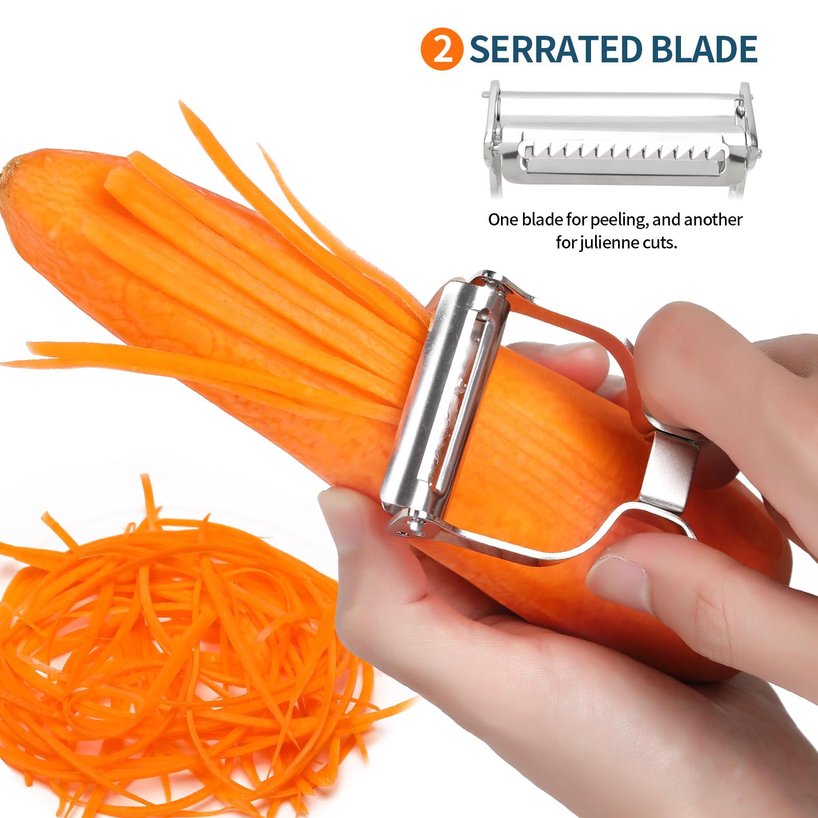 Julienne Peeler Vegetable Peeler Stainless Steel Dual Blade Julienne Cutter  - Multifunctional Vegetable Slicer With Safety Grip Vegetable Cutter, image size:1600x1600