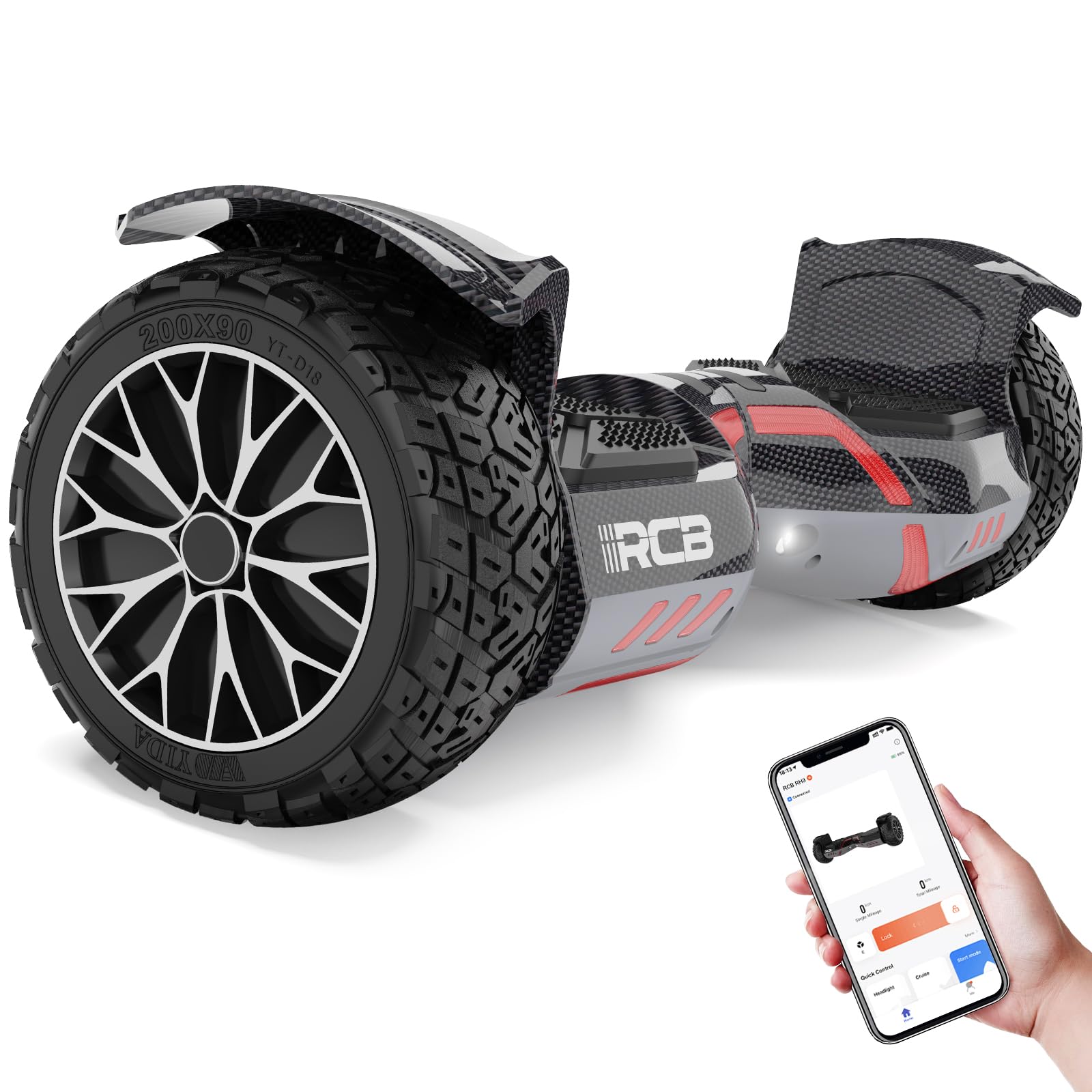 RCB 8,5 Zoll All Terrain Hoverboard mit LED Lichtern, SUV Hoverboard mit Bluetooth-Lautsprecher und App,Balancing Scooter für Kinder und Erwachsene