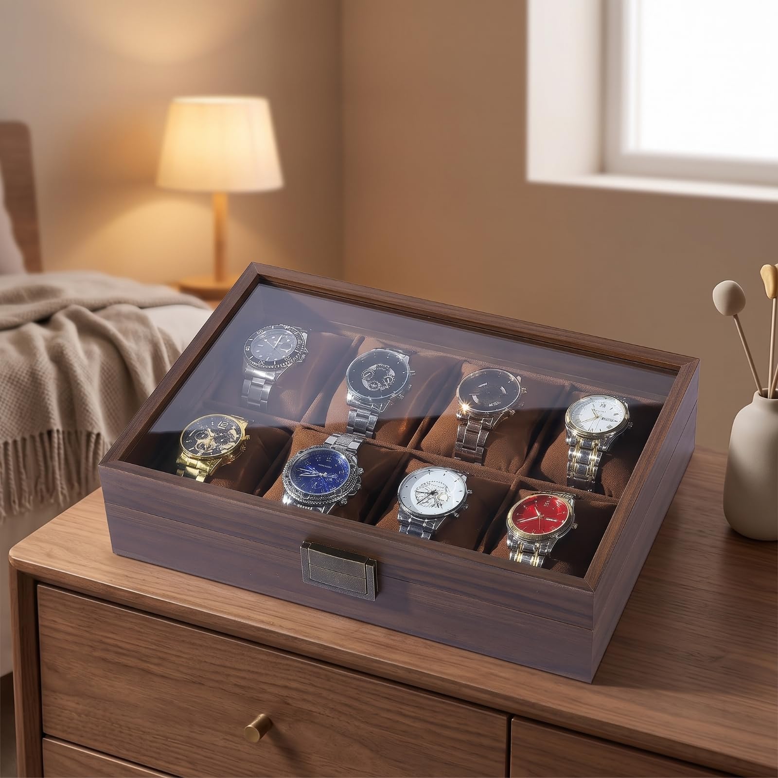 Gralara Organizador Relojes con Tapa Clásico Estuche Organizador Relojes con Compartimentos Expositor para Cómoda