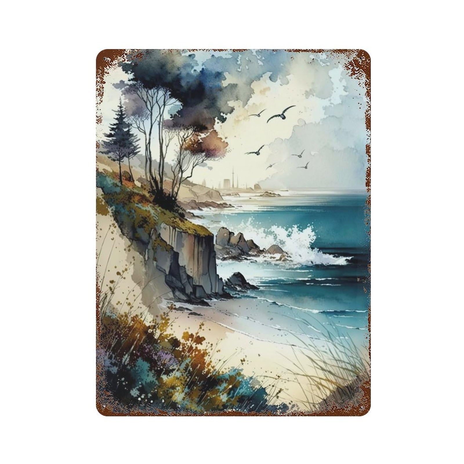 Wild Coastal Landscape Rust Effect Tin Sign 15.7"x11.8", Retro Wall Decor for Pub, Kitchen And Man Cave Decor