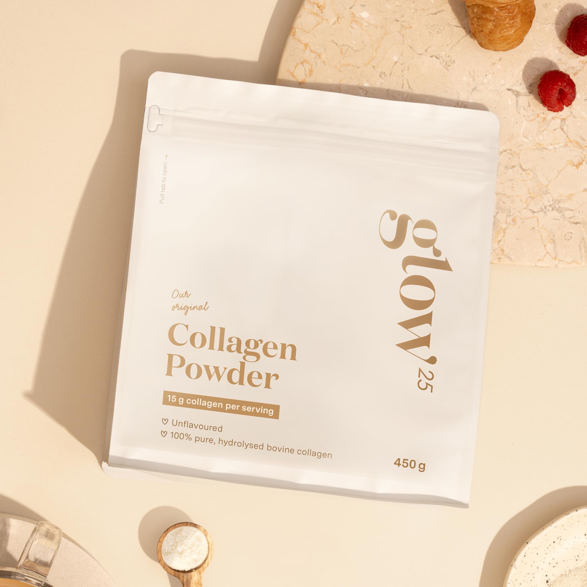 Collagene en poudre Glow25® [450g] – L'Original – Collagène premium hydrolysé pur – Peptides de type 1 et 3 – Haute Solubilité – Goût neutre – Collagène naturel – Collagen