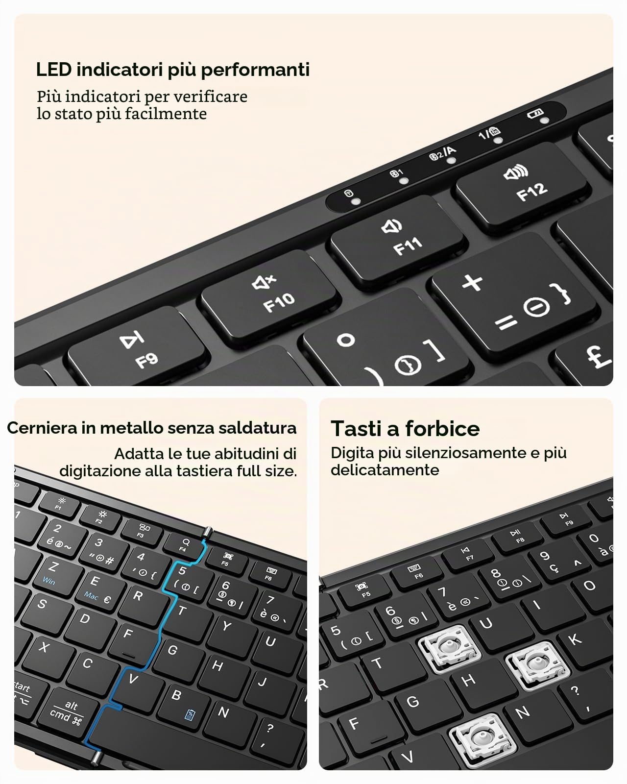 MoKo Set Tastiera e Mouse Wireless Pieghevoli, Tastiera Bluetooth AZERTY Portatile con Tastierino Numerico, 2.4G + Dual BT 5.0, Tastiera Portatile Ricaricabile USB-C per Tablet/Smartphone/PC