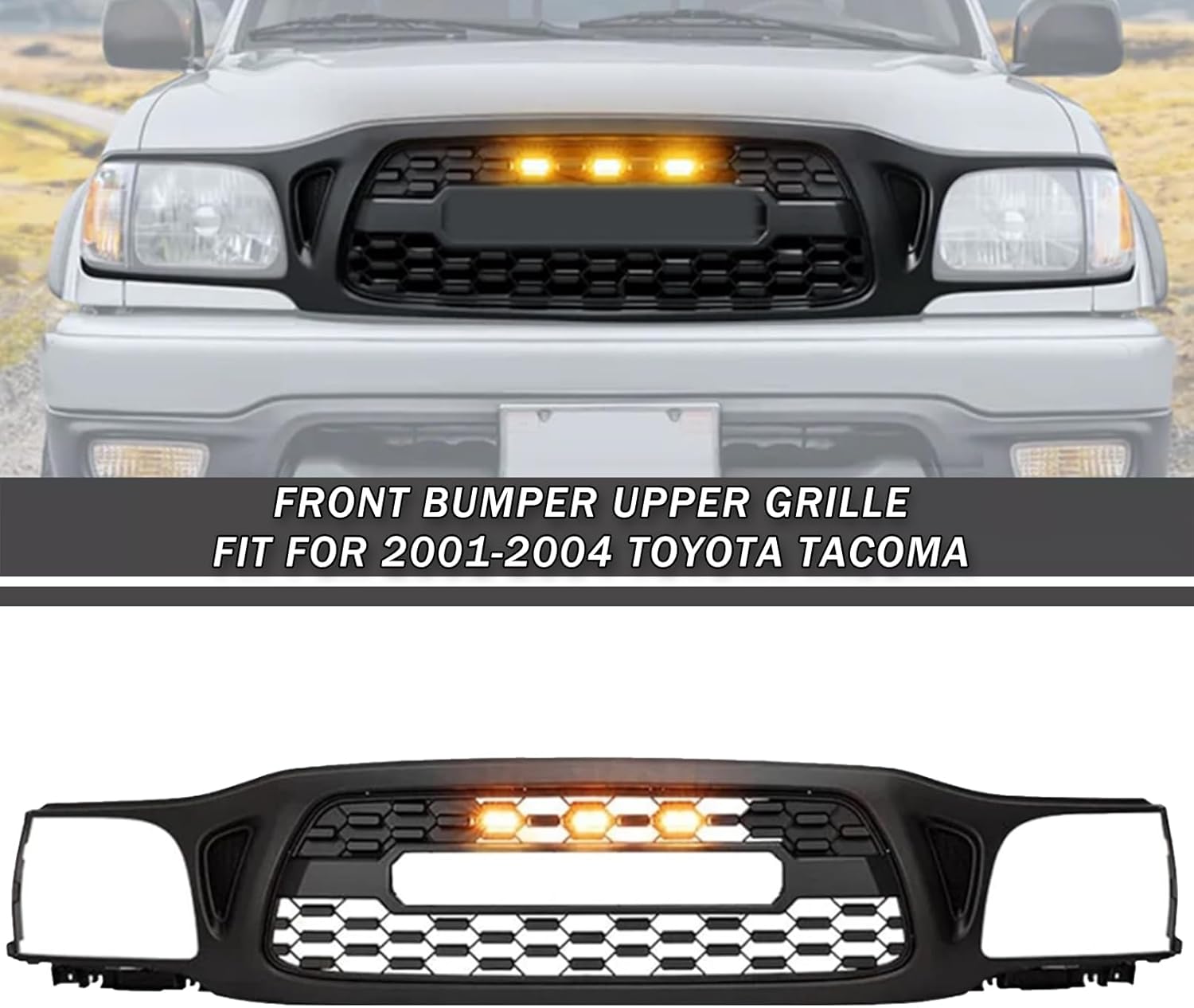 Front Bumper Upper Grille Fit For 2001-2004 1st Gen Toyota Tacoma Upgrade Front Grille Mesh Grill Assembly Replacement Matte Black (With LED Lights)