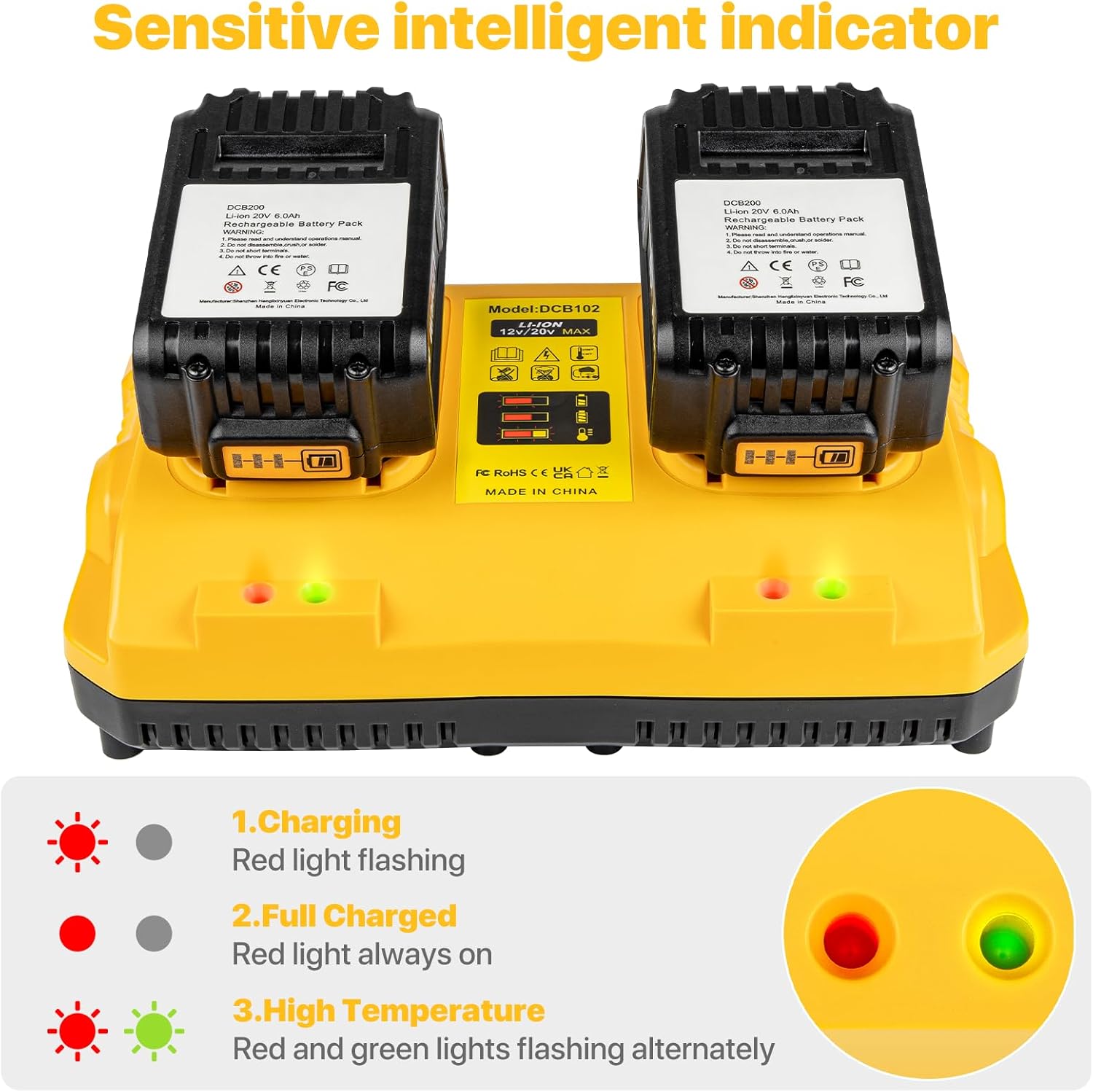 20V Replacement Charger for Dewalt DCB102 Dual Port Charger Compatible with Dewalt 12/20V Battery - Image 2