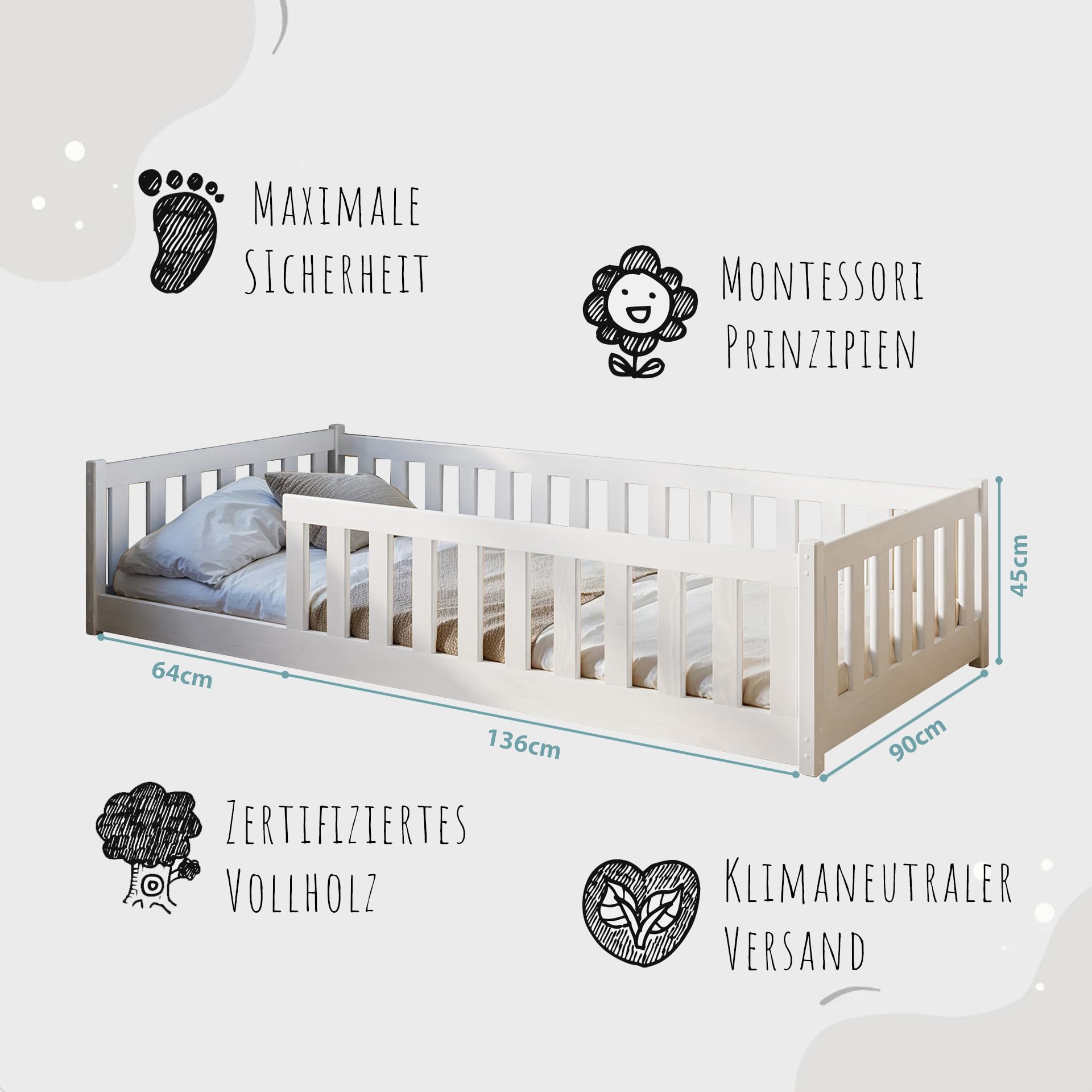 Need Sleep Montessori Bed op de grond, 2-in-1, kindervloerbed, ombouwbaar tot peuterbed, 80x160 cm, met valbeveiliging, lattenbodem, laag, vanaf 2 jaar, meisjes en jongens