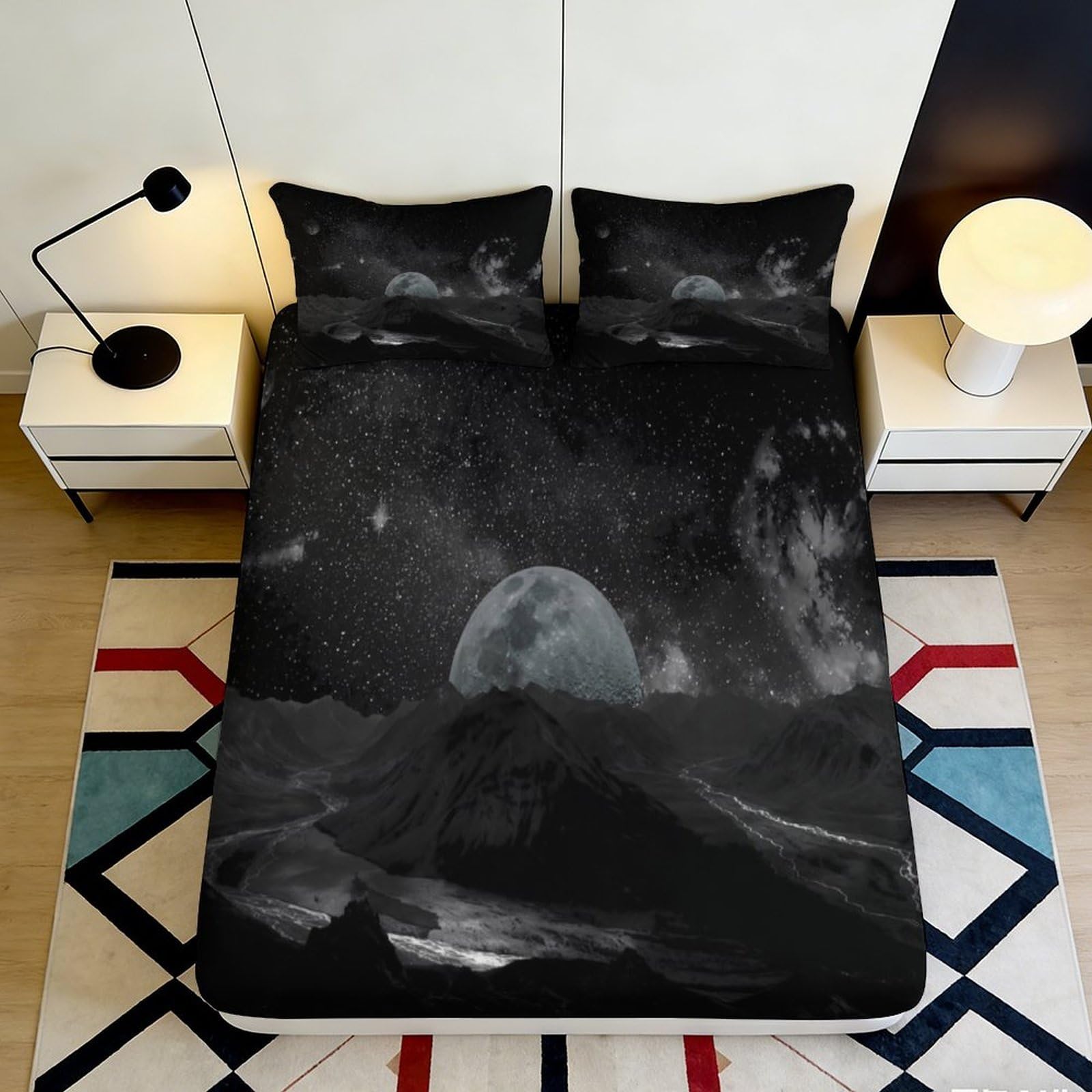 3D Printed Moon Night Sky Fitted Sheet Microfiber Soft Black Mountain Bed Sheet for Bedroom Dorm Guest Room Decor 90x200x25cm