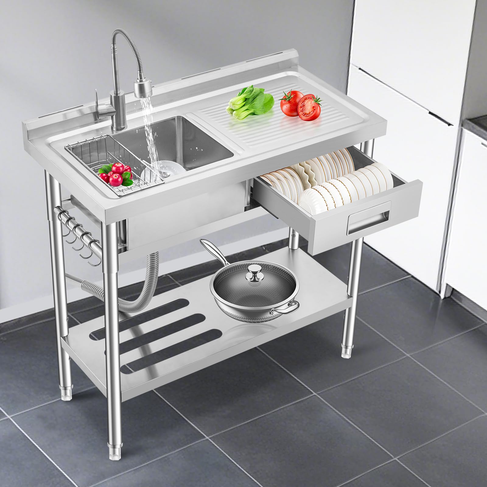 Freistehende Edelstahl Spültisch 1 Becken mit Wasserhahn, Schublade & Ablage,100x50x98cm Gewerbliche Küchenspüle mit Werkbank,Links Becken Rechts Arbeitsplatte,Mobile Gastro Spüle für Küche,Restaurant