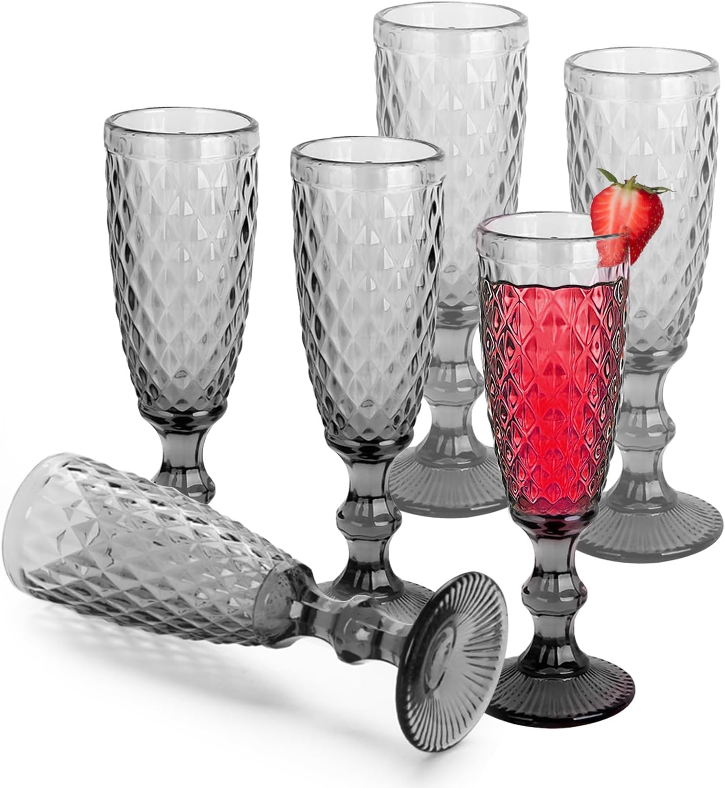 Wine Glasses Set of 6,Vintage Champagne Glasses,Elegant Embossed Champagne Flute Goblet for Wedding Party Anniversary Christmas Birthday,150ml/5oz
