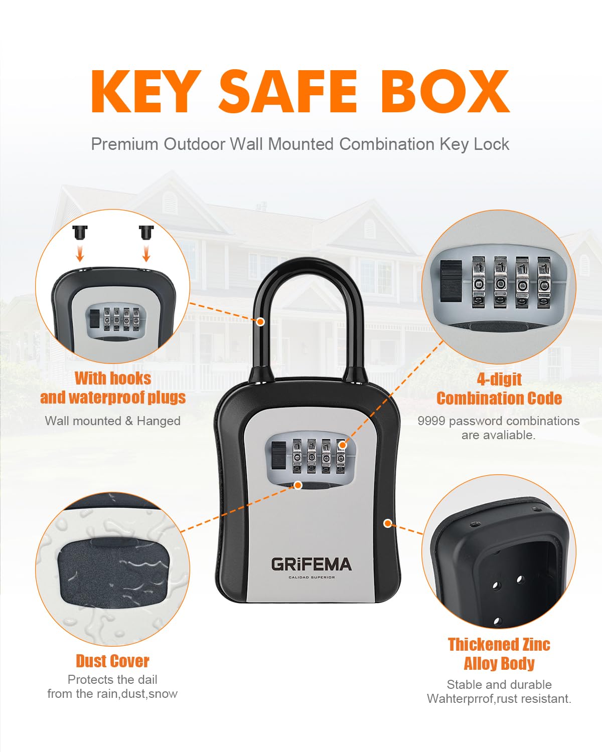 GRIFEMA GA1003-2 Key Safe Box, Lock Box, Key Cabinets with Hook, for Home Office, Grey, 9.5 cm (W) x 11.5 cm (L) x 9.5 cm (H) - Image 4
