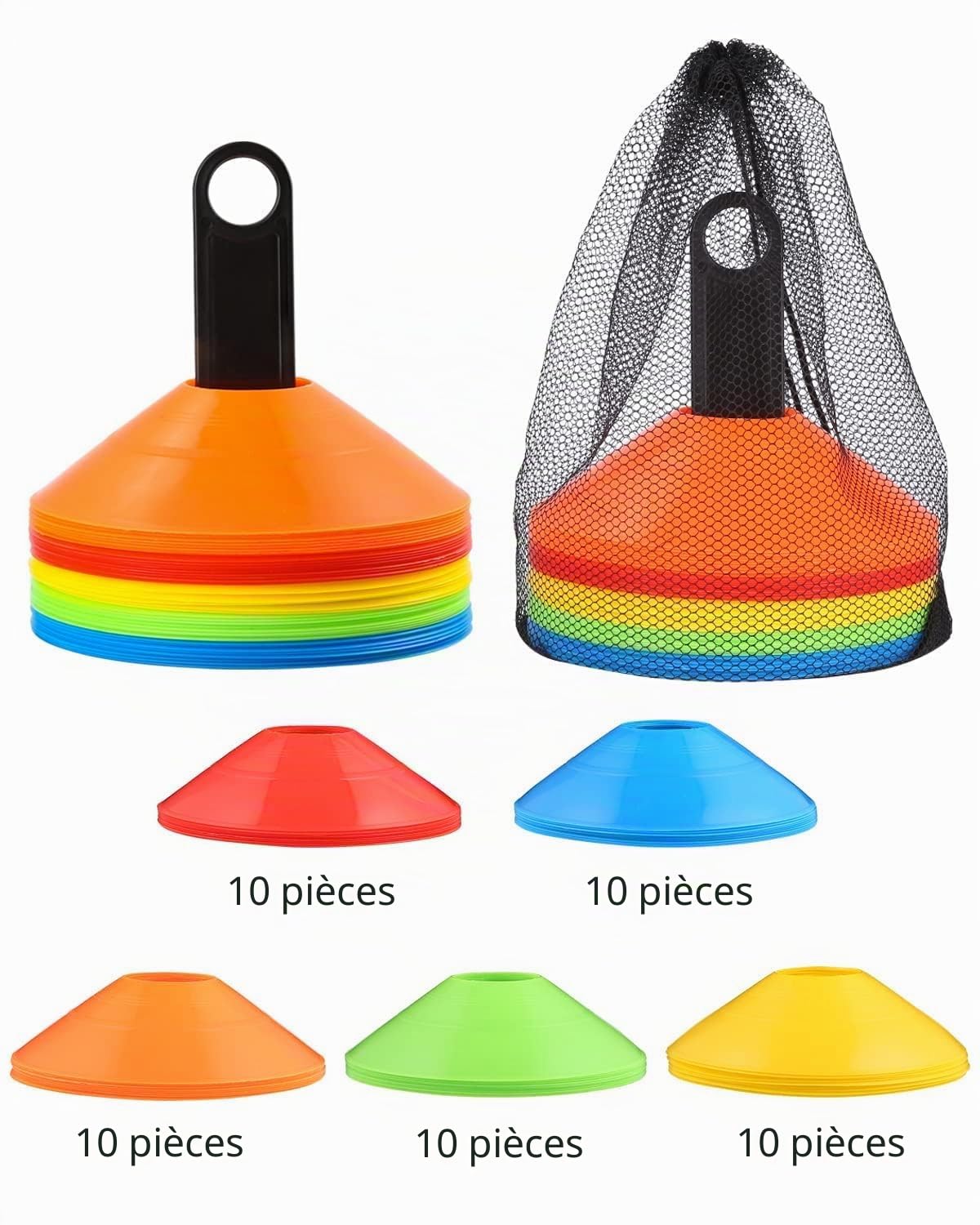 50 Pcs Plots Entrainement, Plots De Marquage pour Football Cône, Cônes à Disque avec Support de Rangement, Poche Filet, Plots Sport pour Délimitation Entraînement Football (5 Couleurs)
