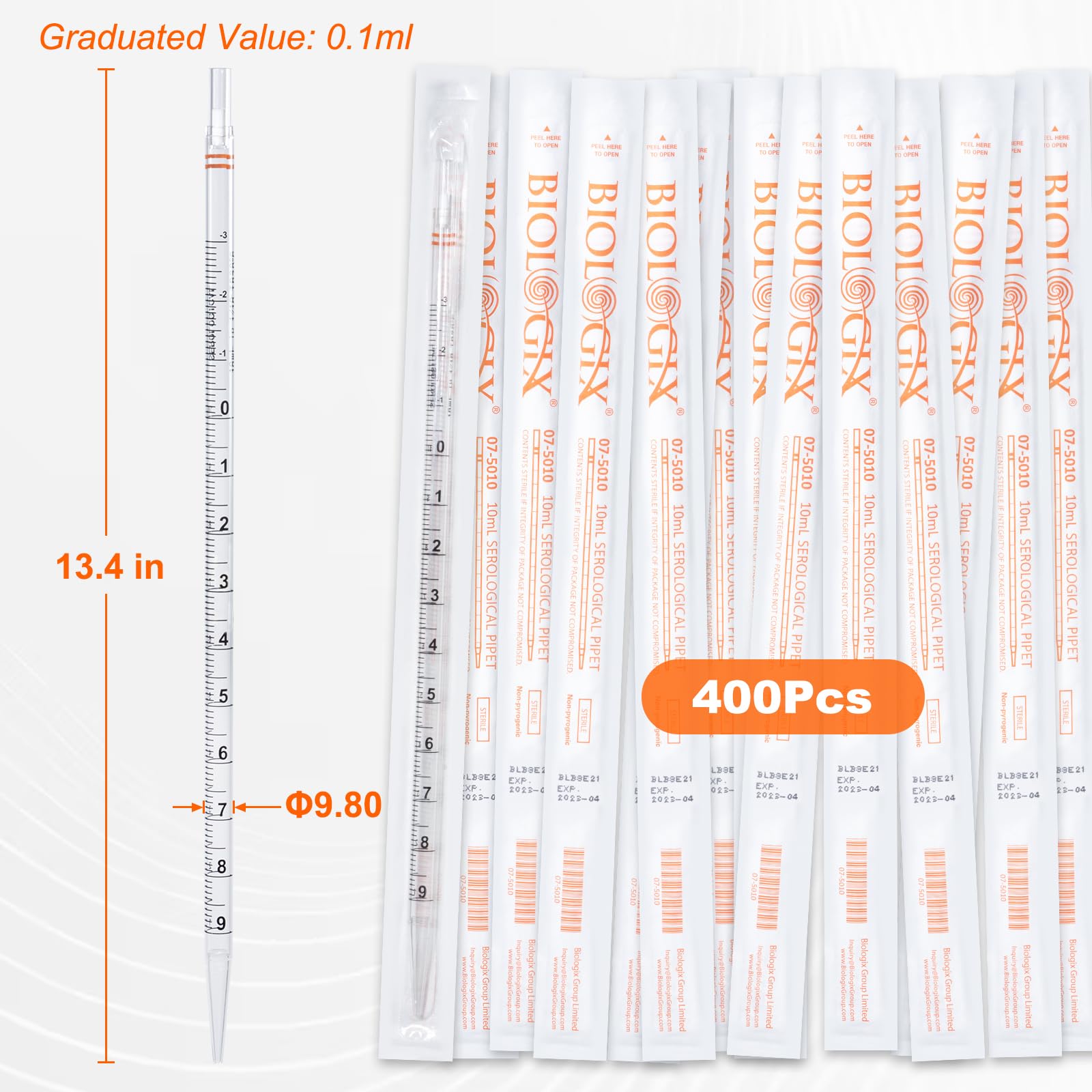 400 pipette sierologiche da 10 ml, in polistirolo, pipette sierologiche, sterili, trasparenti, confezione indipendente