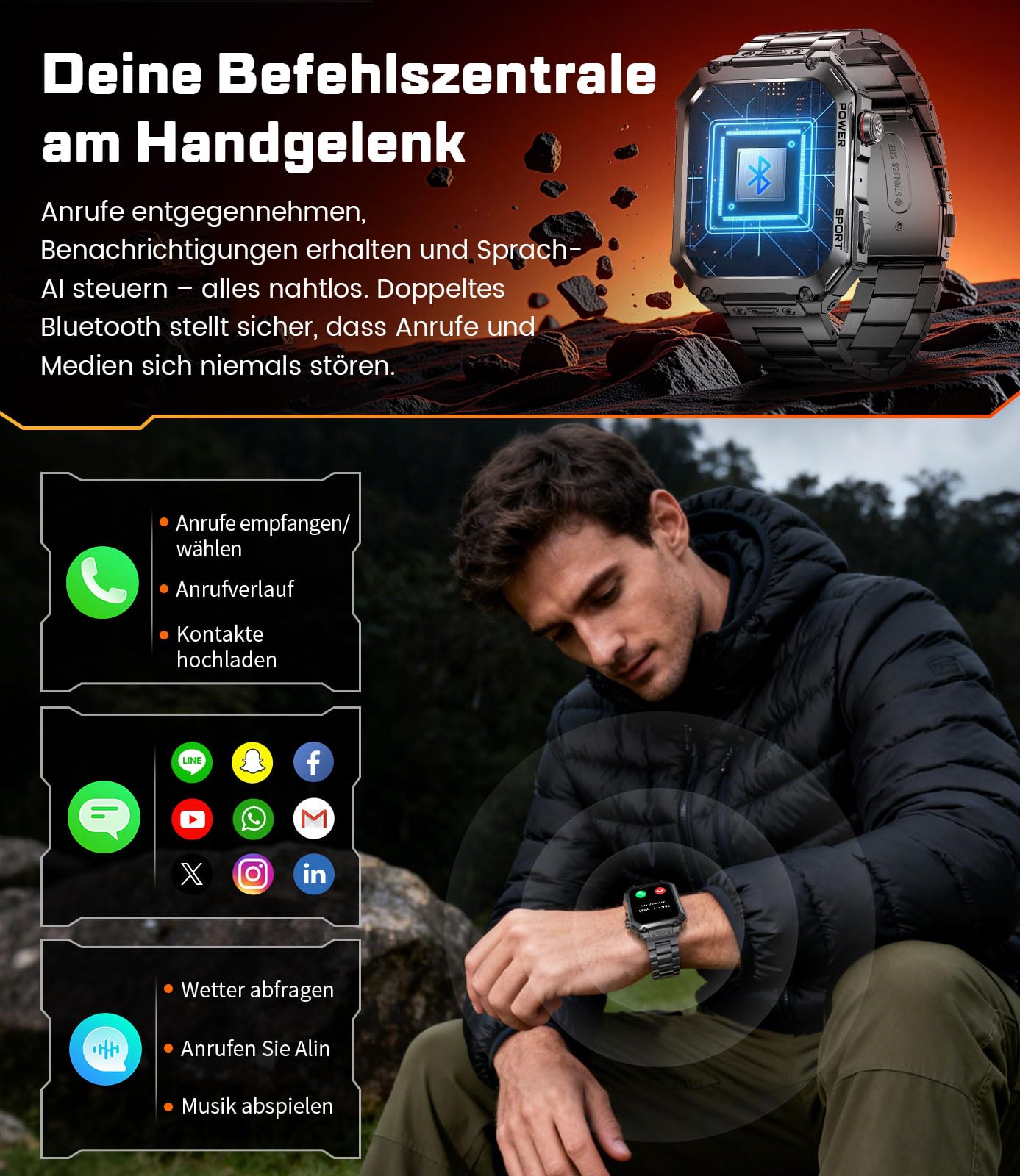 ESFOE Reloj Inteligente Hombre(3 Correas),1.96" Militar Smartwatch Hombre con Llamadas,5ATM Impermeable, 400mAh, 100+ Modos Deportivos/24H Pulsómetro/Sueño/Podómetro Pulsera Actividad Negro Metalizado