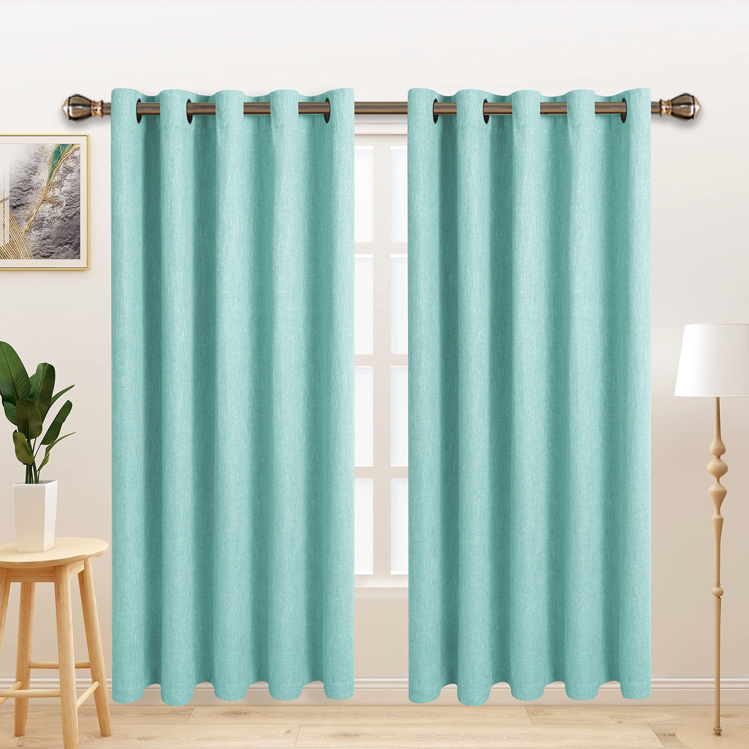 LORDTEX Linen Look Textured Blackout Curtains with Thermal Insulated Liner - Heavy Thick Grommet Window Drapes for Bedroom, 70 x 84 Inches, Seafoam, Set of 2 Panels