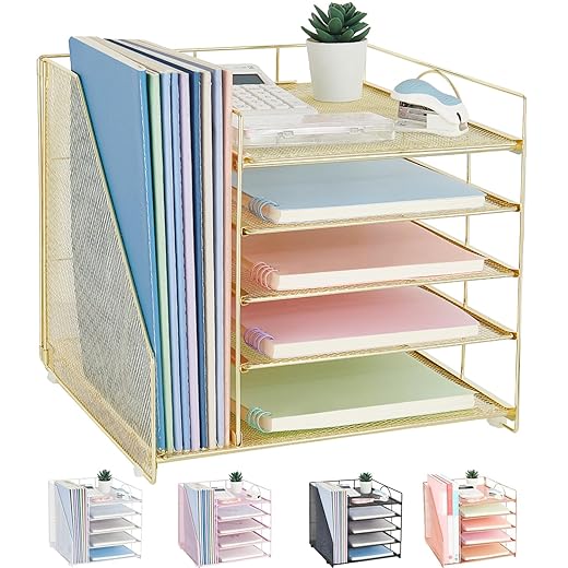 Desk Organizers and Accessories, 5-Tier Paper Letter Tray Organizer with File Holder, Desktop Organizer for Office Supplies, Office Desk Accessories & Workspace (Gold)