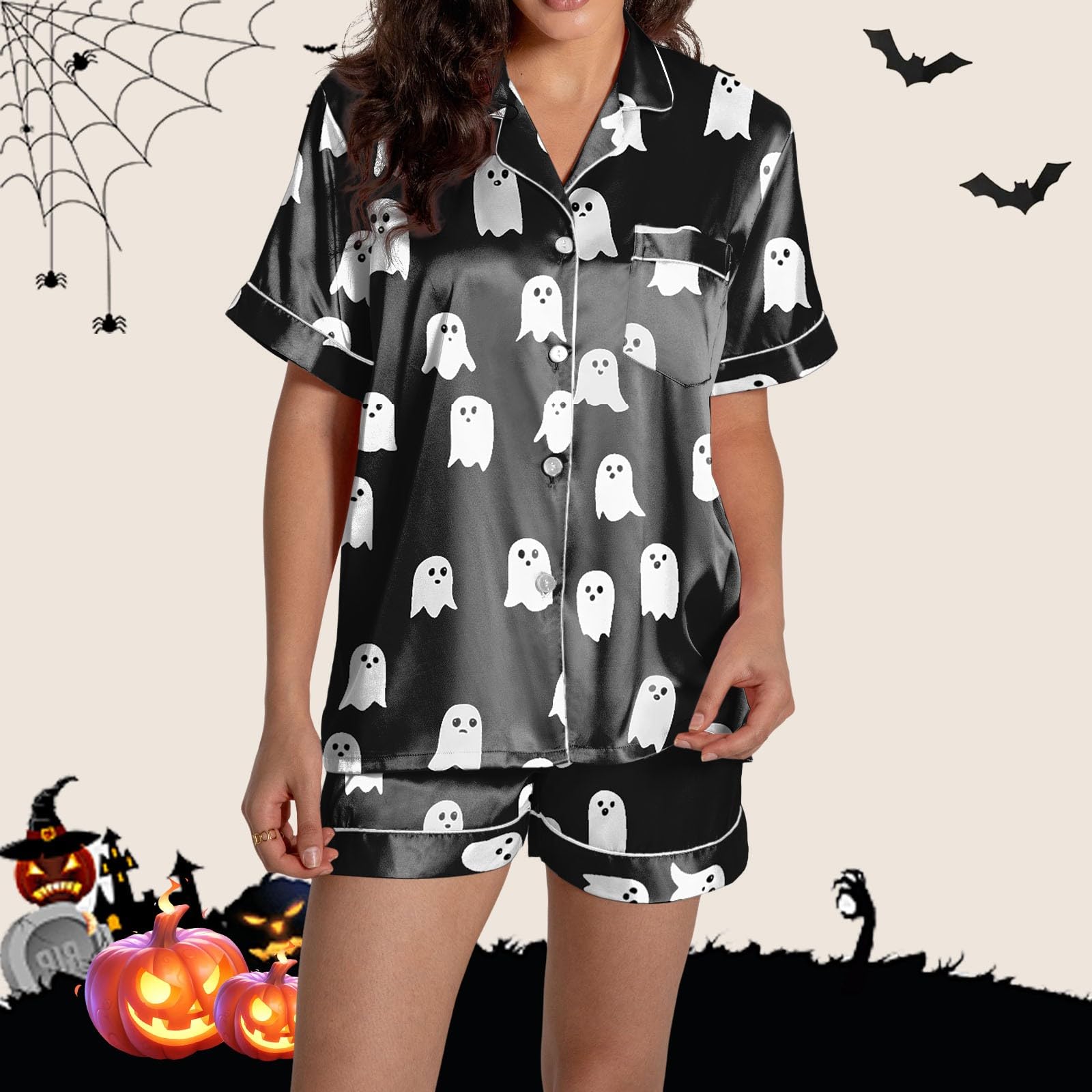 Genérico Conjuntos de Pijama para Mujer con Diseño Elegante de Cuello y Patrón Decorativo Ideal para Halloween Otoño Invierno Uso Diario Versátil Cómodo