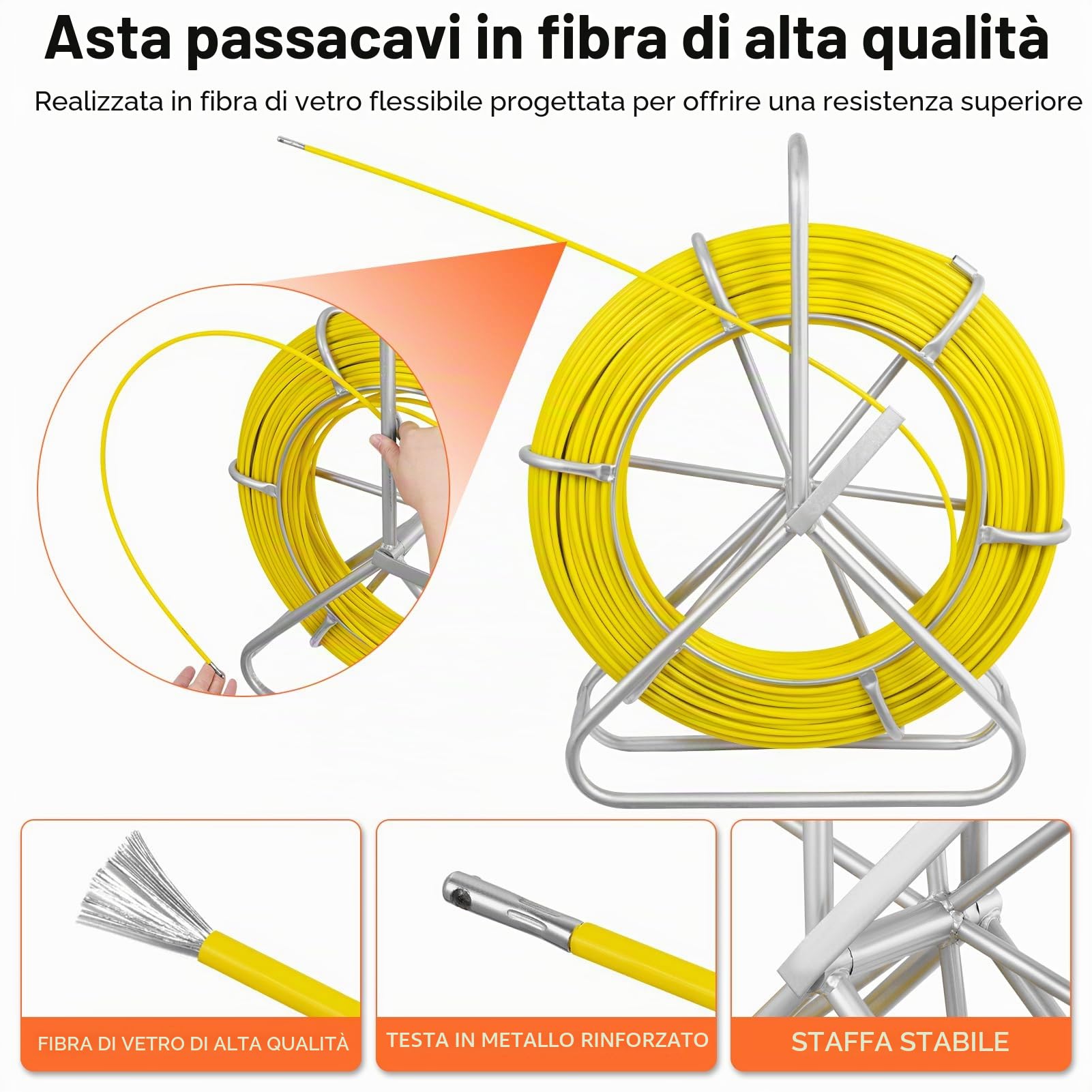 Sonda Passacavi, Sonda Elettricista 6mm 150m, Spirale Retrattile 150m, Molla Elettricista, Contenitori in Plastica per Lavori Elettrici Telecomunicazioni Cablaggio Dati
