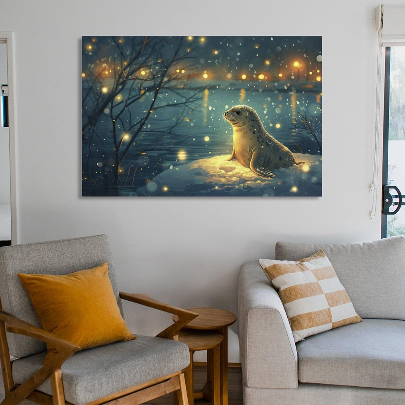 Amazon.co.jp: 絵画 雪の上に座るアザラシインテリア 絵画 動物