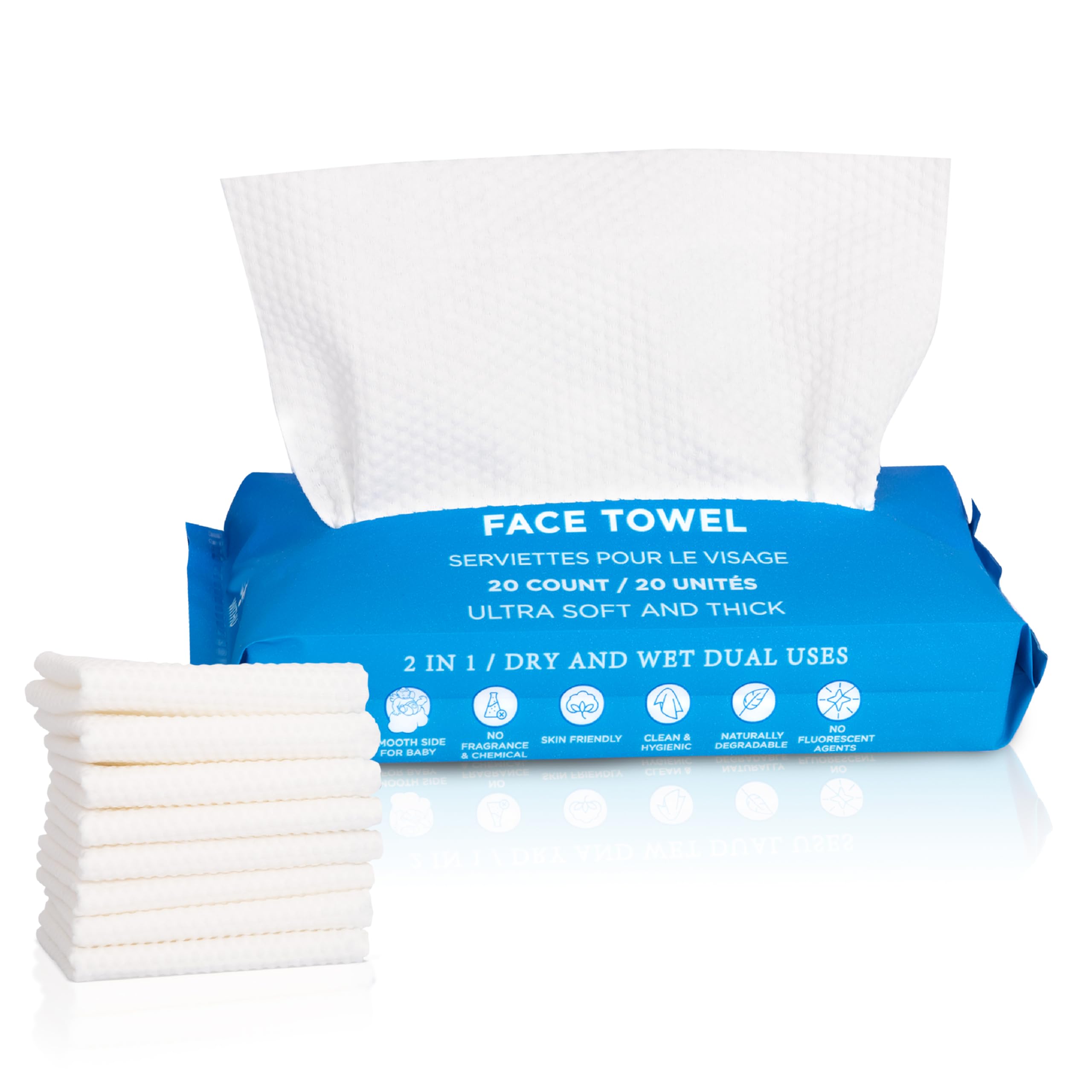 WITHU Disposable Face Towels, Ultra Soft, Biodegradable Makeup Remover Wipes, Hypoallergenic & Lint-Free Towelettes for Facial Cleansing, Multi-Use Dry Washcloths for All Skin Types/Travel 20 Ct