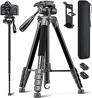 CAMBOFOTO 73" Aluminum Tripod Monopod for DSLR Mirrorless Cameras, Phones, GoPro - Lightweight Travel Stand with Phone Holder & Bag