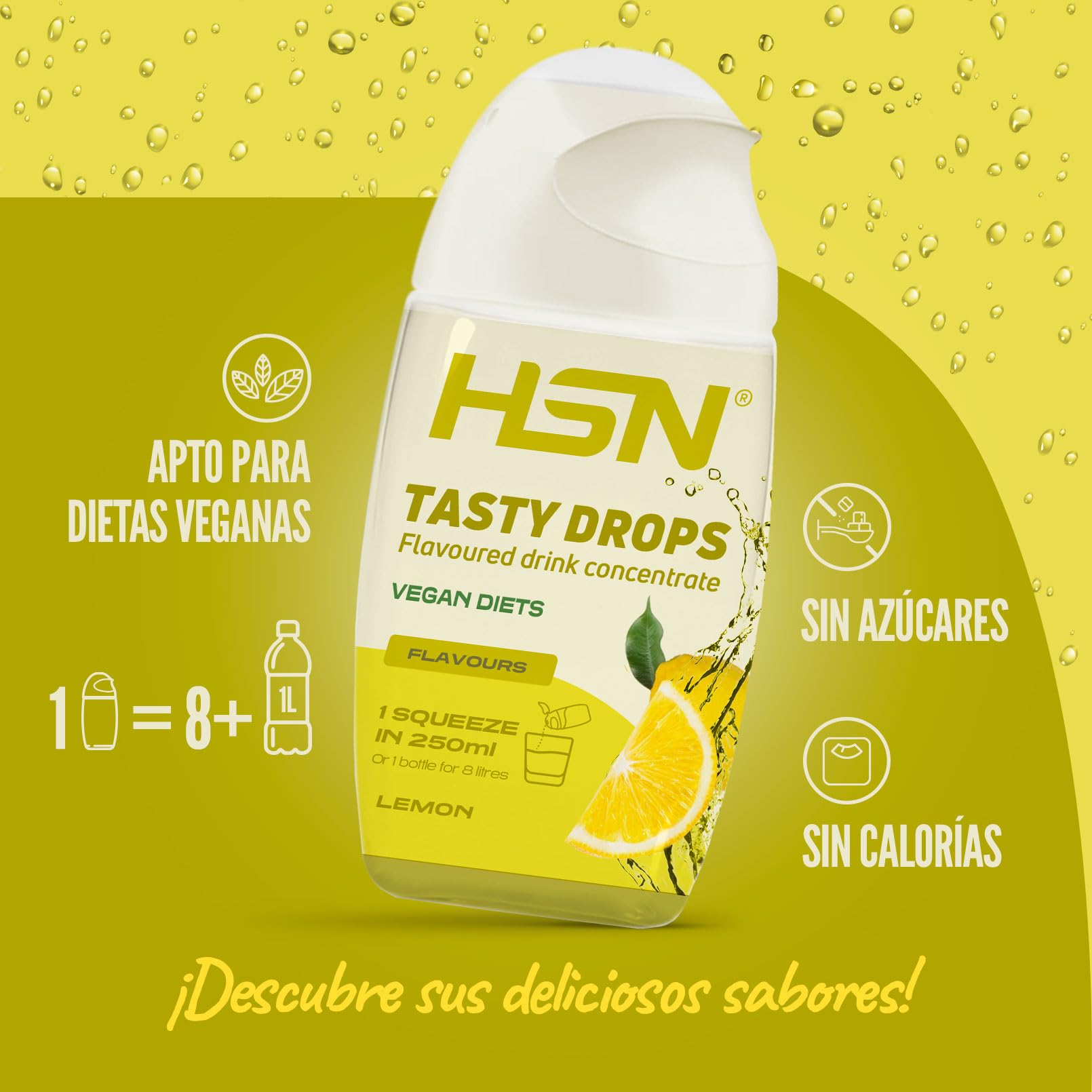 HSN Tasty Drops Saborizante Líquido Sin Calorías para Agua | Sabor Limón - 65ml (hasta 8 litros) | Gotas Saborizantes Sin Azúcar | Potenciador de Bebidas | Apto Vegano, Sin Gluten