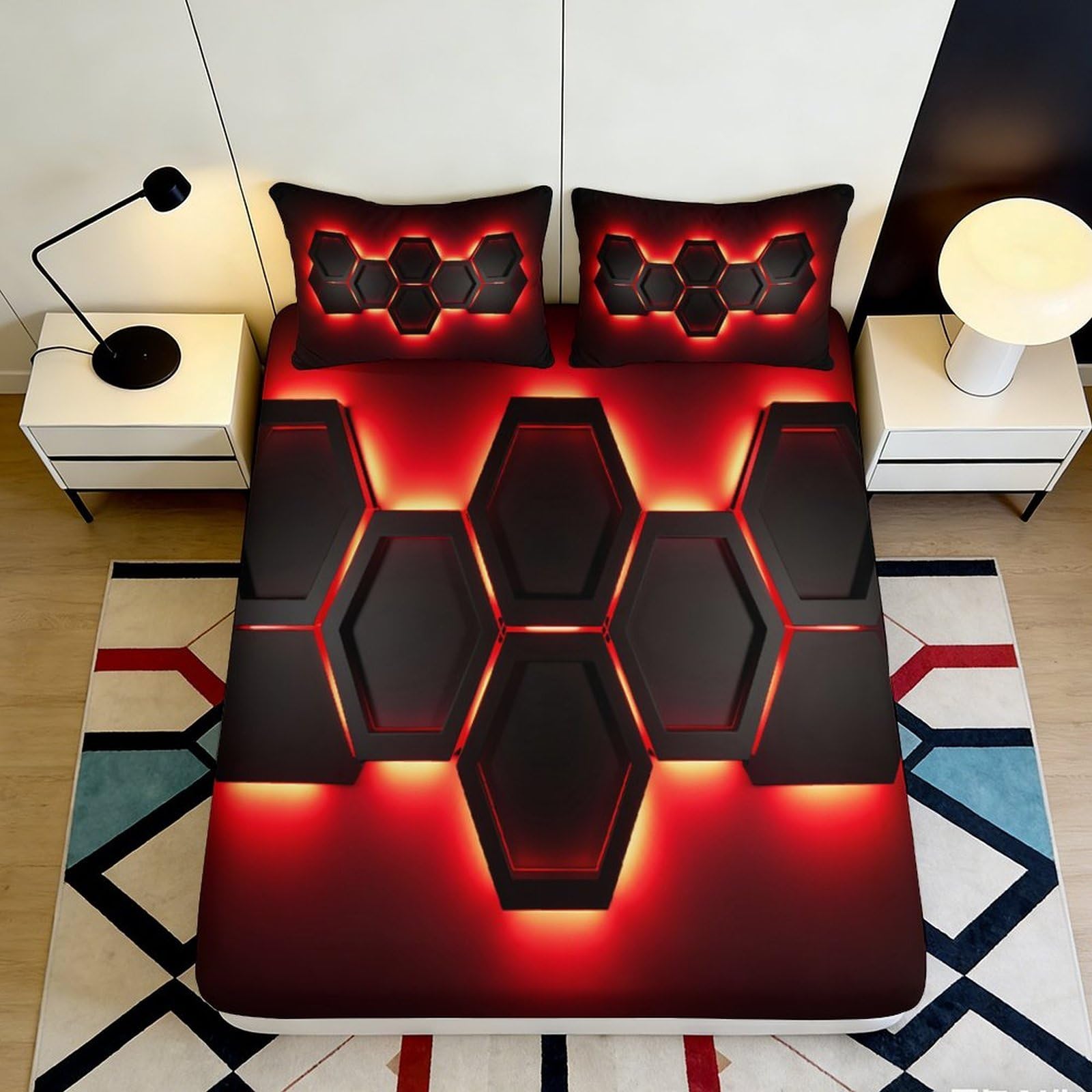 3D Printed Red Black Hexagon Pattern Fitted Sheet Microfiber Soft Breathable Neon Geometric Bed Sheet for Bedroom Dormitory Guest Room Mattress Protection 200x200x25cm