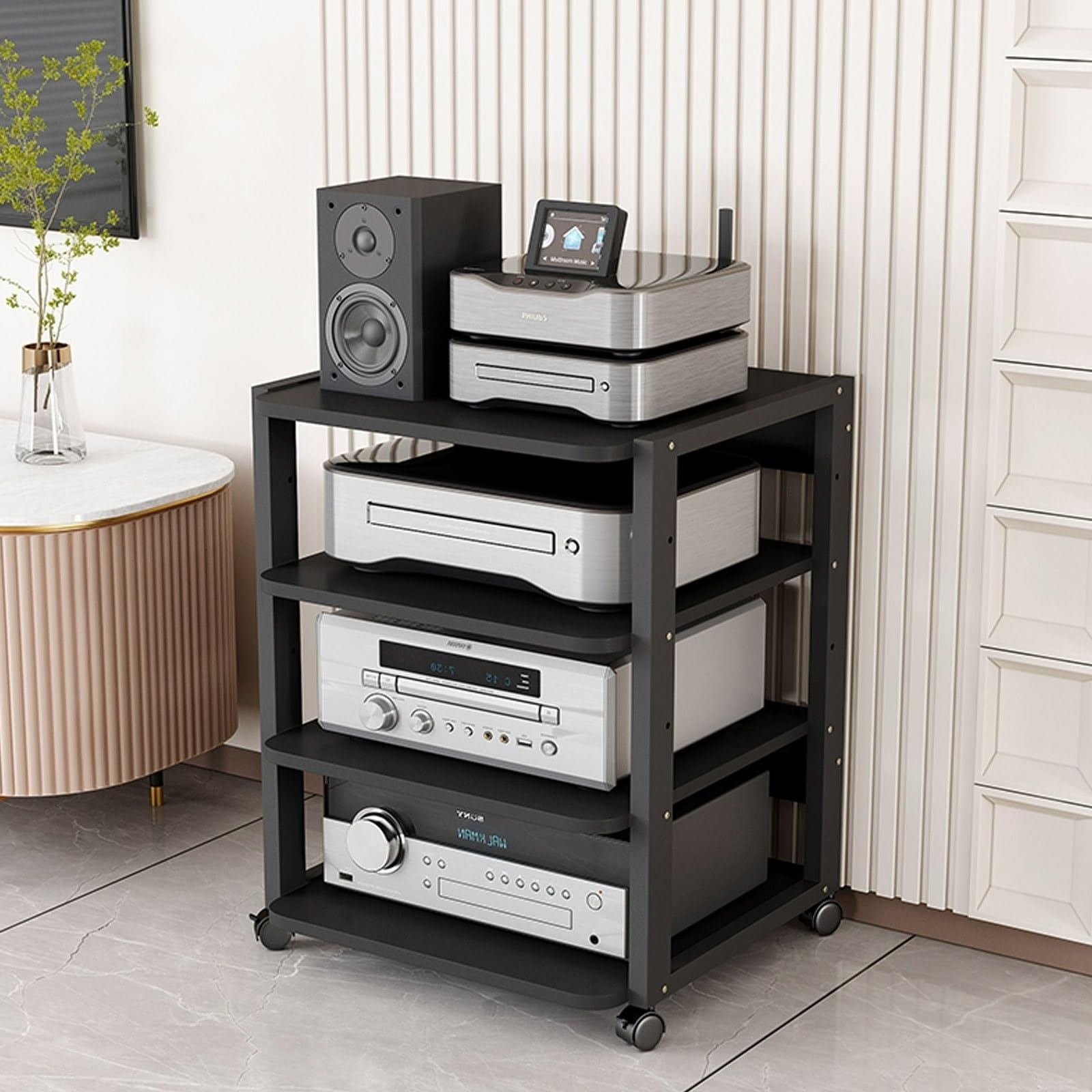 Moderno supporto audio video per camera da letto e soggiorno, scaffale multi-strato, supporto girevole con contenitore, mensola per proiettore, organizer per amplificatori.