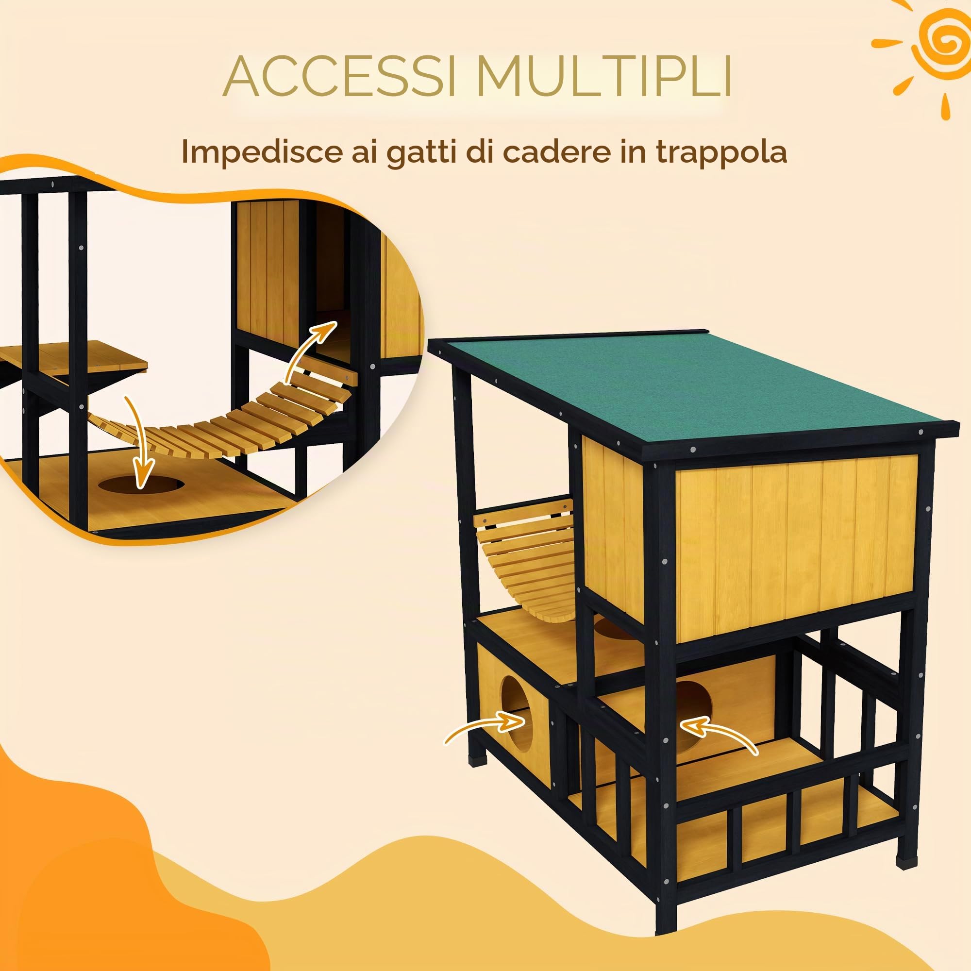 PawHut Casa in legno impermeabile per 1-2 gatti Giallo 84.5x60x88cm