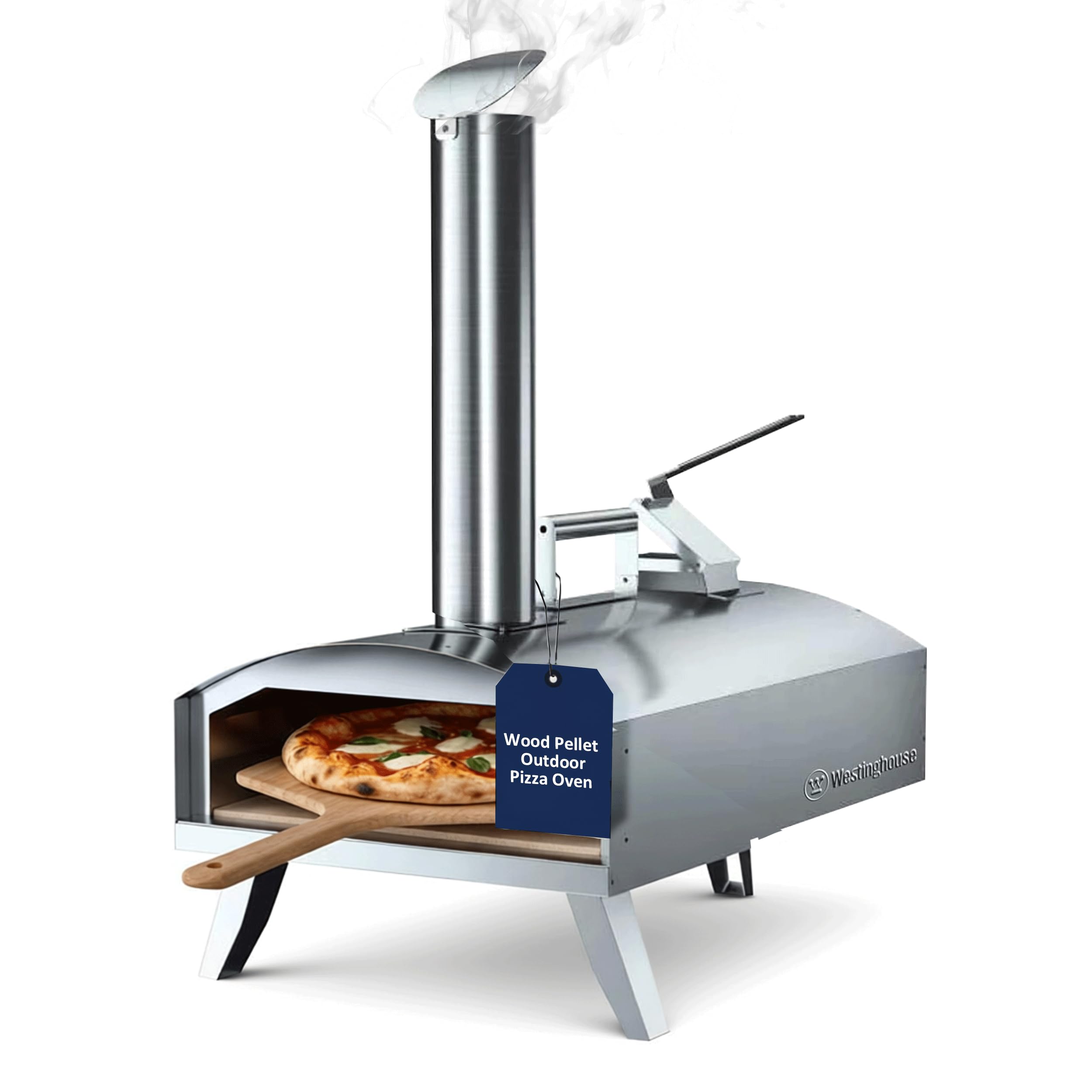 Westinghouse Wood Pellet Artisan Outdoor Pizza Oven, a portable stainless steel unit for quick pizza making.