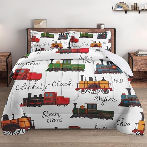 Miniatura 1 de Juego de edredón de tamaño individual con funda de almohada, diseño retro vintage de tren lindo vehículo, juego de ropa de cama suave para niños y