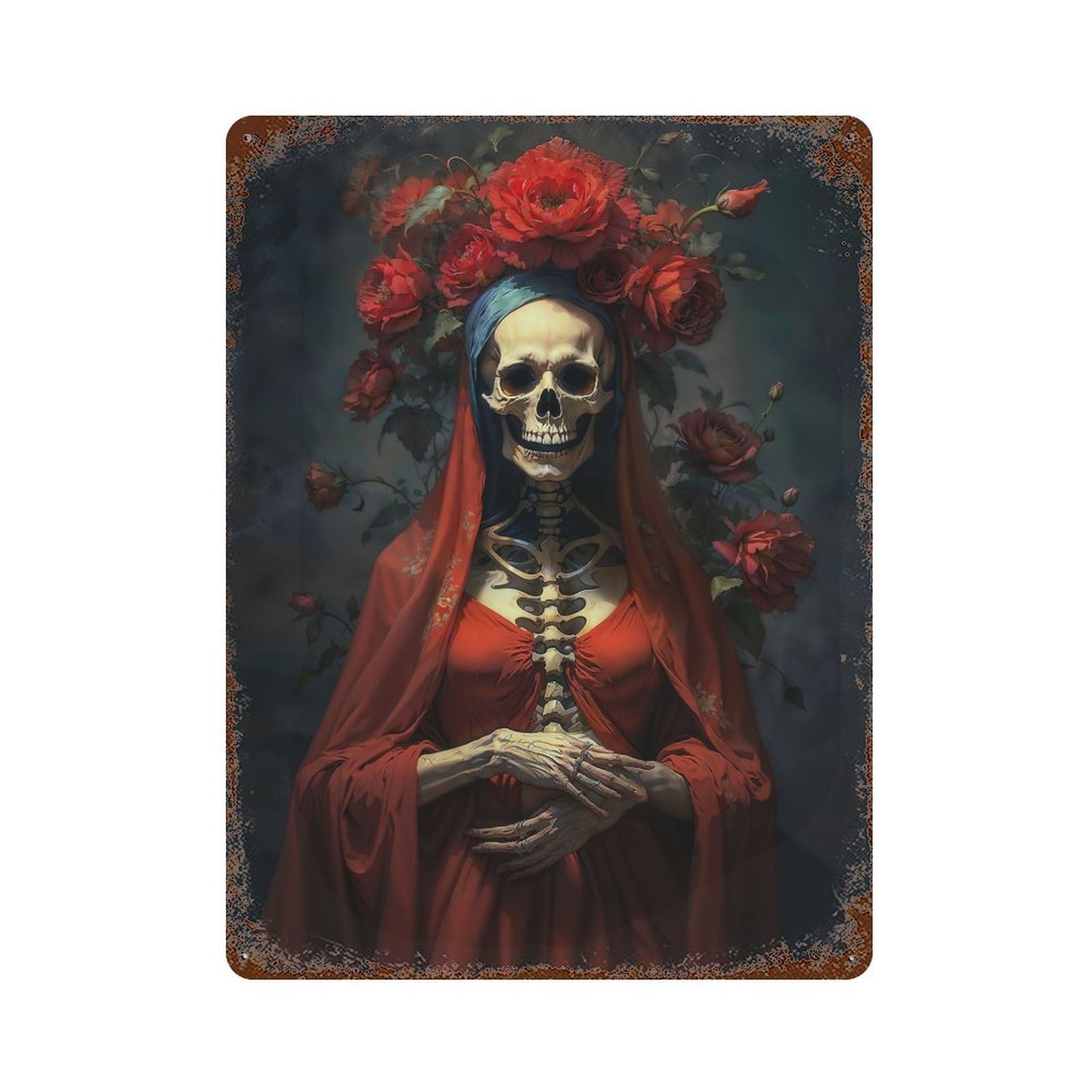 Vintage Metal Tin Sign Santa Muerte with Red Roses 15.7"x11.8", Industrial Home Decor for Farmhouse, Kitchen And Entryway Decor
