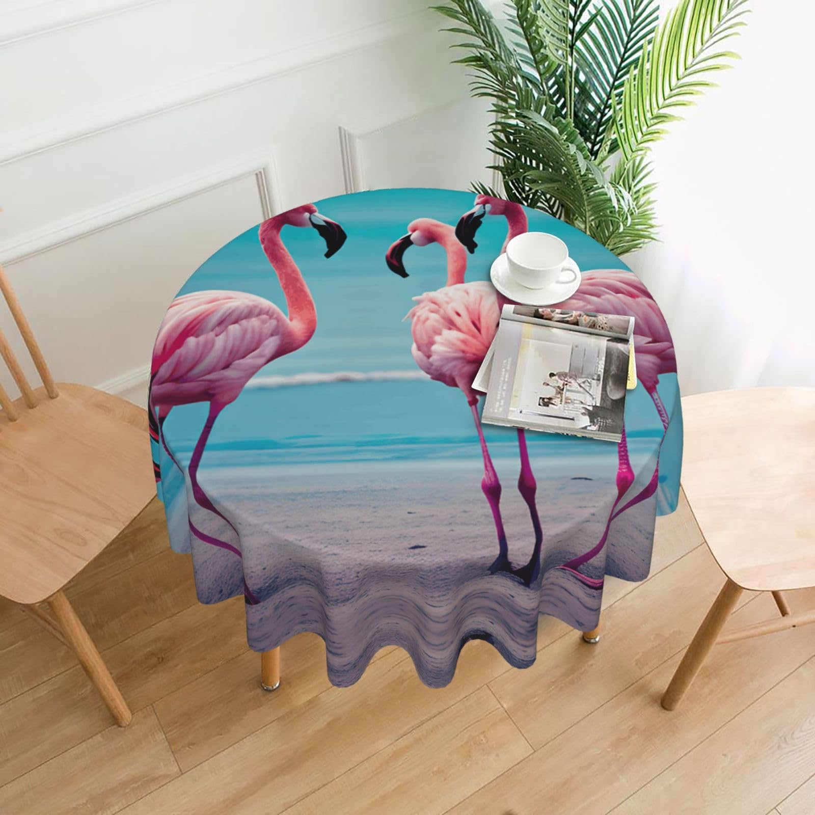 SDEGTHO Flamingo Beach Print Modern Retro Round Tablecloth 60in Polyester Fabric Cover for Party Dining Table Washable