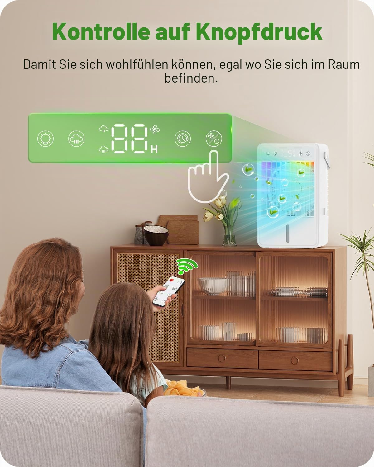 Mobile Klimaanlage mit 1500ML Wassertank, Mobiles Klimagerät mit 5 Gebläsestufen und 3 Betriebsarten, Timer-Funktion (2–10H), Fernbedienung, LED-Beleuchtung, USB-C-Anschluss - ideal für kleine Räume