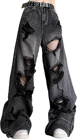 Women's Retro Casual Pants American Y2K Sweet Cool Street Style Black Loose Wide Leg Straight Leg Ripped Jeans
