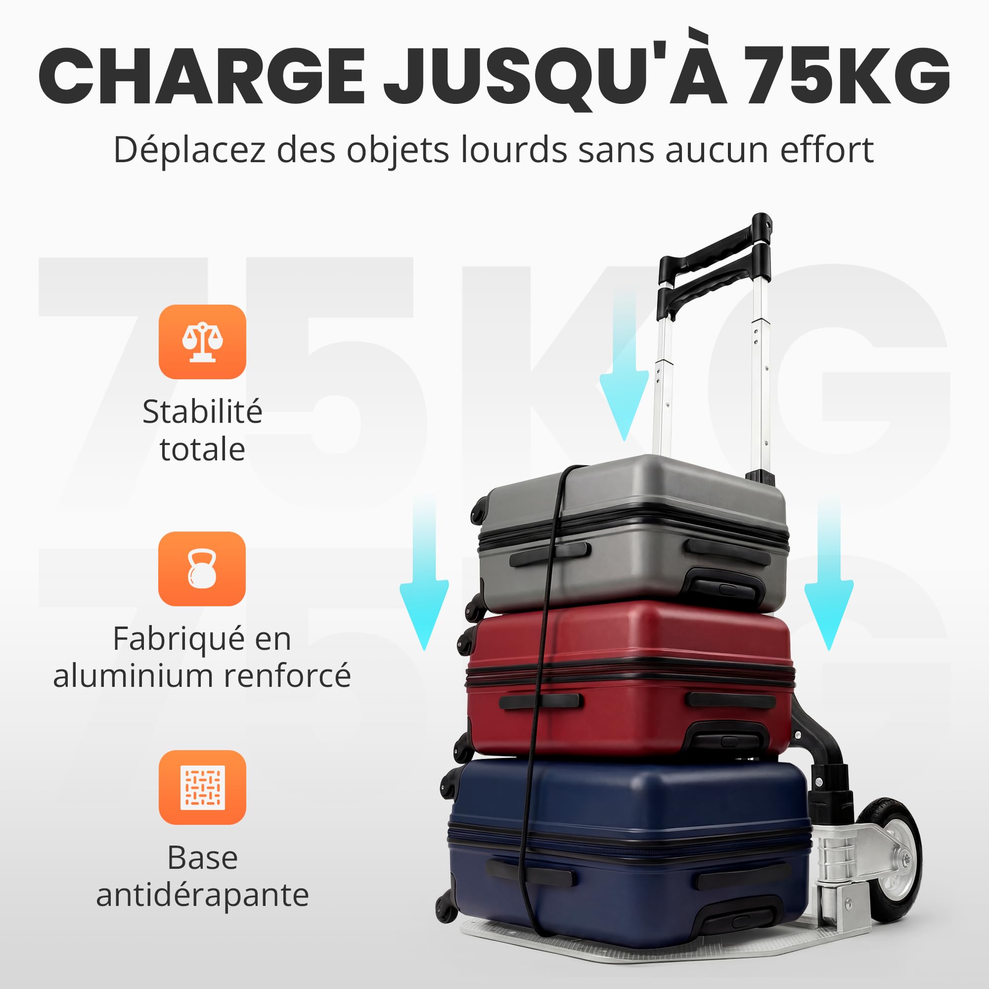 JUPPLIES Diable Pliable en Aluminium + Corde - Chariot de Transport 100x40 cm Max 75 kg avec Roues Silencieuses et Poignée Télescopique - Mini Diable Compact pour la Maison, Le Bureau ou Les Voyages