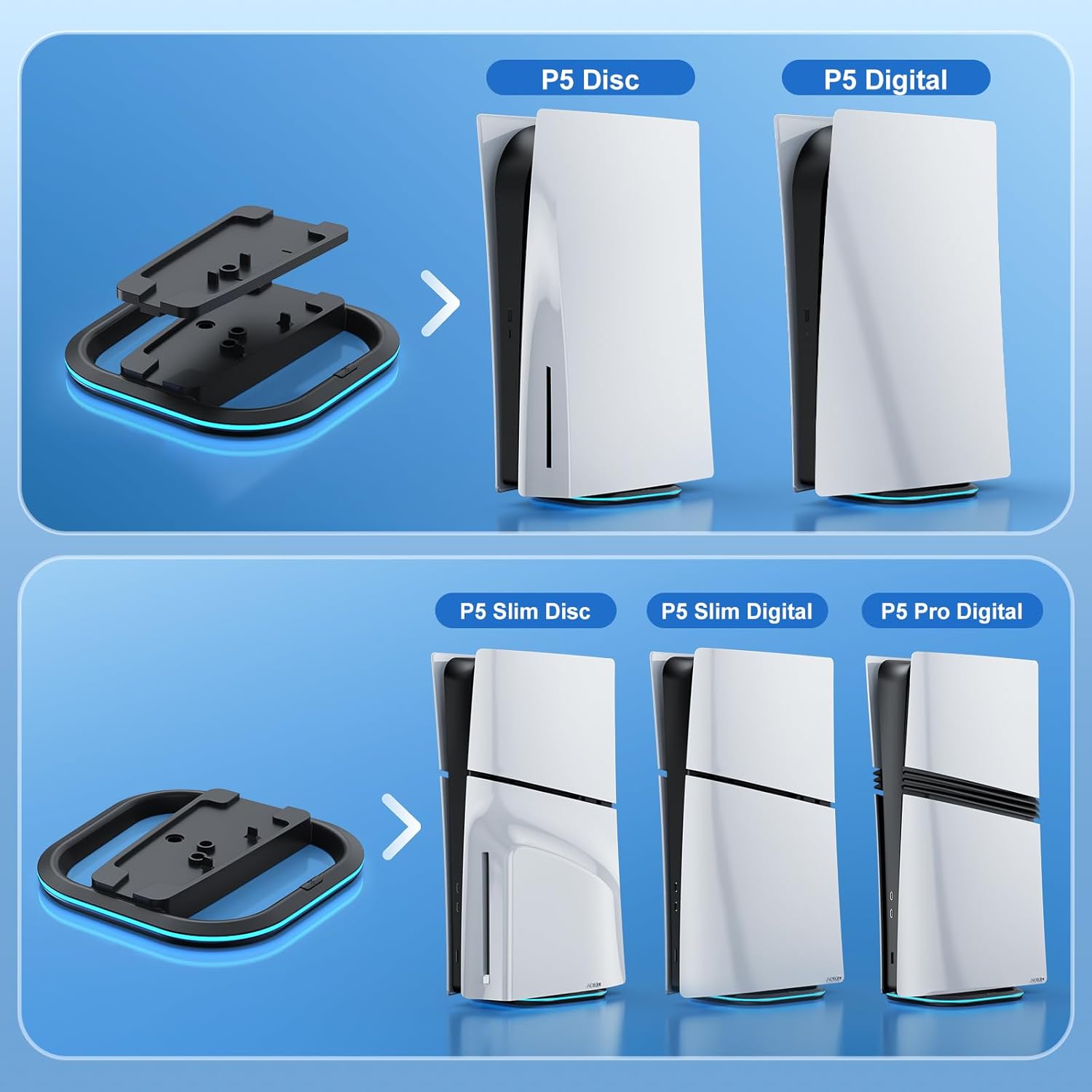 Vertical Stand for PlayStation 5/PS5 Pro/PS5 Slim Console Disc and Digital, PlayStation 5 Accessories Stand with 7 RGB Lights,Non-Slip Base Easy Installation Black - Image 3