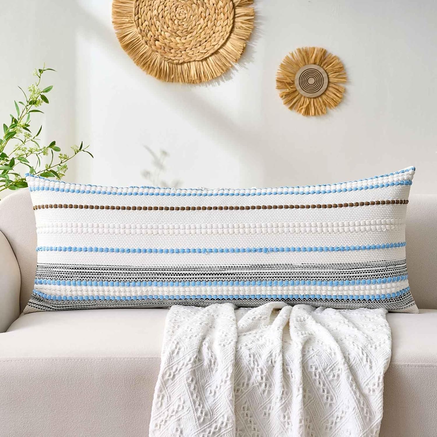 Coastal Blue Decorative Lumbar Pillow Cover 14x36 Boho Long Body Pillow Cover Farmhouse Striped Textured Accent Cushion Pillowcases for Couch Sofa Bed,White and Blue Woven Bolster Lumbar Pillow Covers