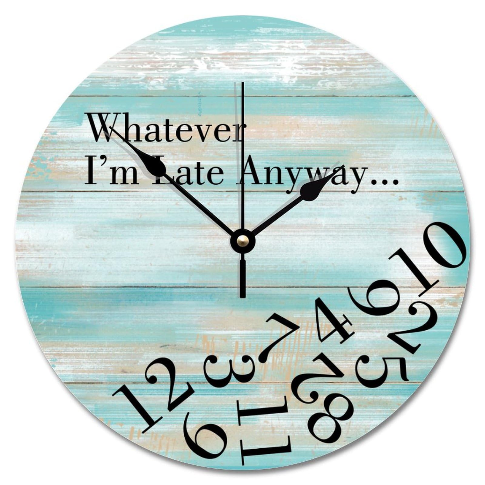Guangpat Style-2 Rustic Weathered Barn Wood Grain Wall Clocks Battery Operated 12 Inch Whatever I'm Late Anyway Wall Clock Beach House Home Decor For Home Kitchen Office School Bathroom