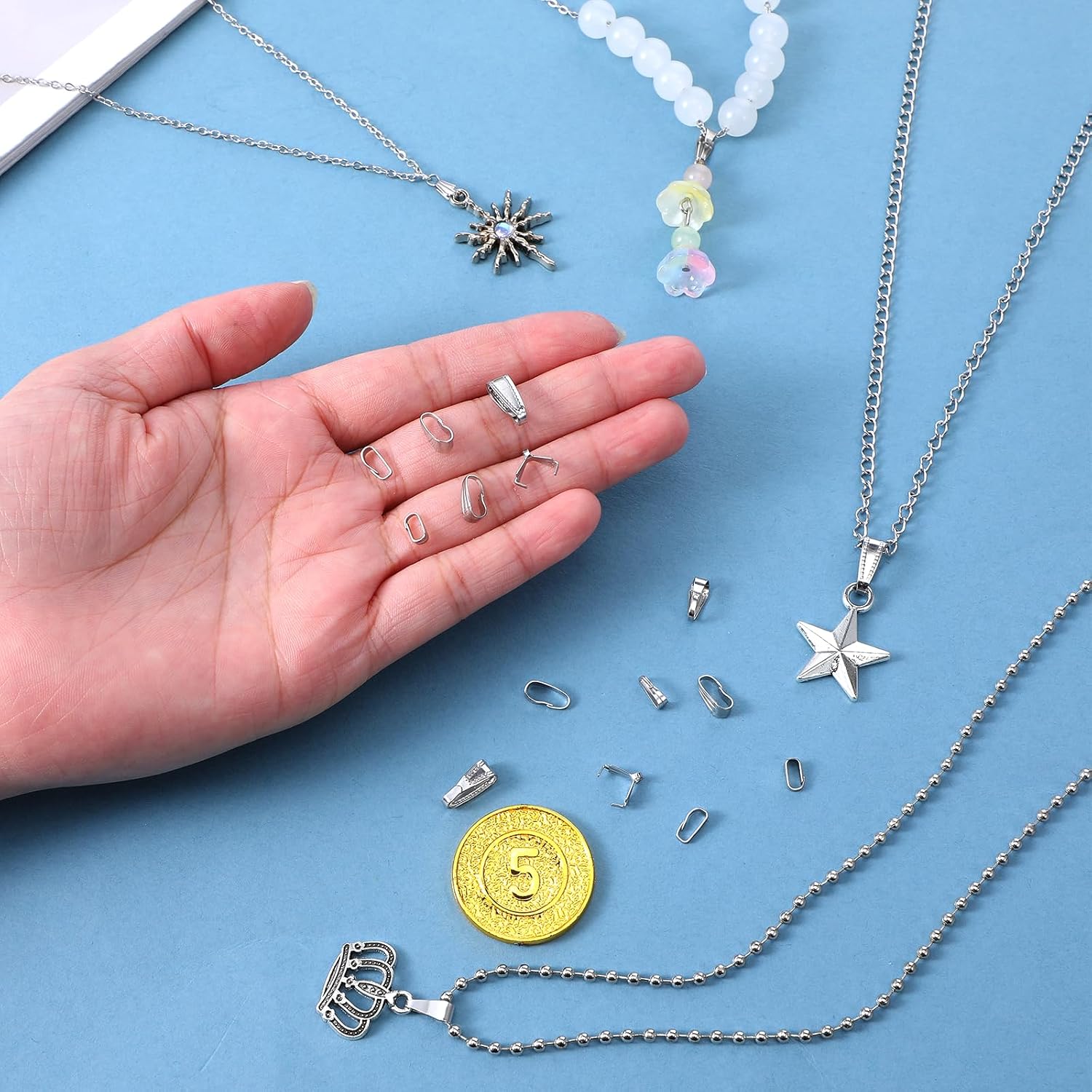 120 PCS Necklace Pendant Clasp, 6 Styles Pendant Pinch Bails for Jewelry Making, Stainless Steel Ice Pick Pinch Clip Clasp Necklace Connectors Dangle Charm for DIY Craft Making, 6-11mm Long
