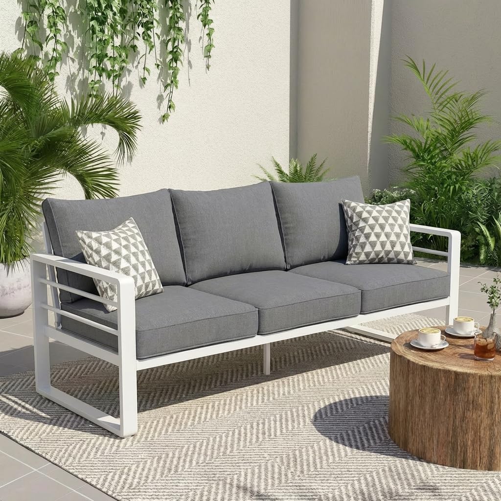 Patiorama Aluminum Patio Furniture Set, Outdoor Patio 3-Seater Sofa, 3 Seats Couch, All Weather White Metal Chair with Olefin Cushion, Deep Seating, 800 lbs Capacity, Deck, Garden-Grey Cushion
