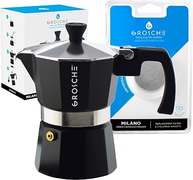 GROSCHE Milano Stovetop Espresso Maker Moka pot 3 espresso Cup - 5 oz, Black and 3 Replacement Seals Gaskets Bundle Stove top coffee maker Moka Italian espresso coffee maker and replacement gaskets