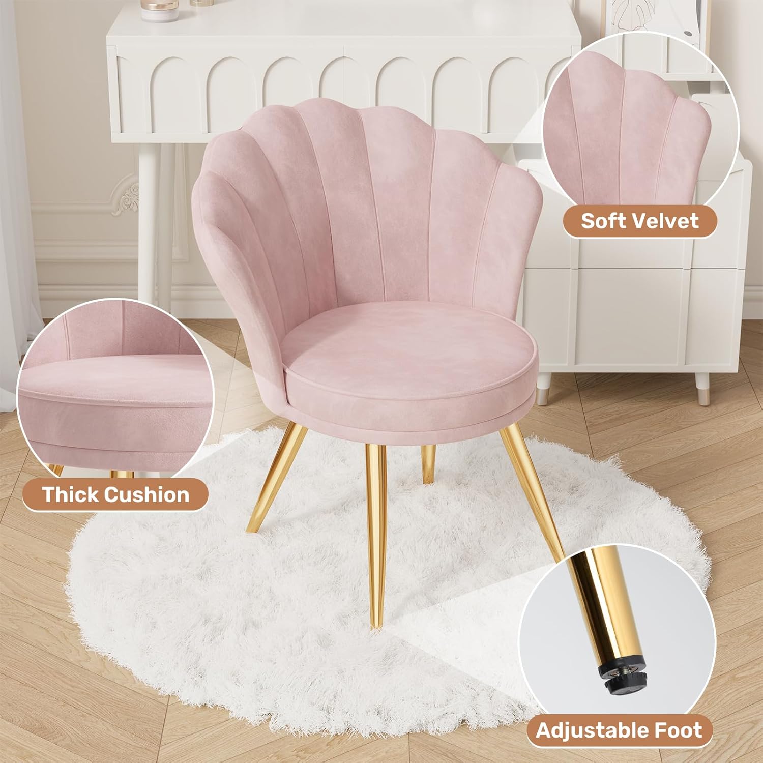 Velvet Upholstered Accent Chair with Gold Metal Legs – Makeup Vanity Chair, Guest Chair for Living Room & Bedroom, Light Pink