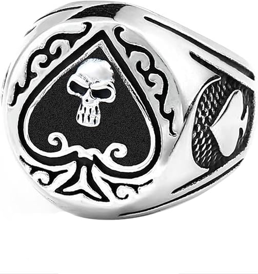 JAJAFOOK Men Titanium Steel Ace of Spades High Polished Gothic Skull Rings