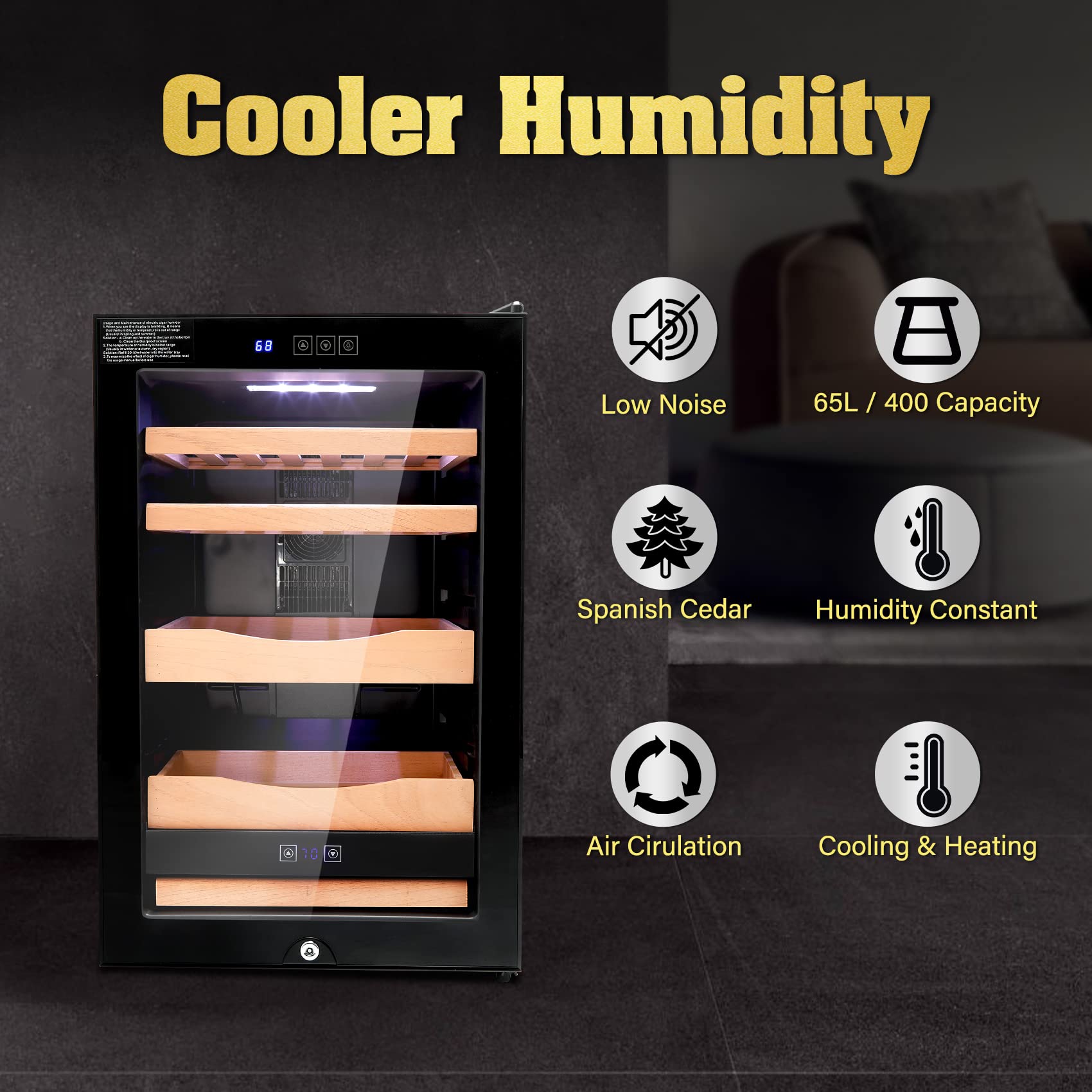 TCFUNDY 65L Heating Cooling & Humidity Control Cabinet, 400 Capacity Electric Temperature Control System Cabinet with Spanish Cedar Wood Shelves & Drawer, Touch Screen Display, Security Lock