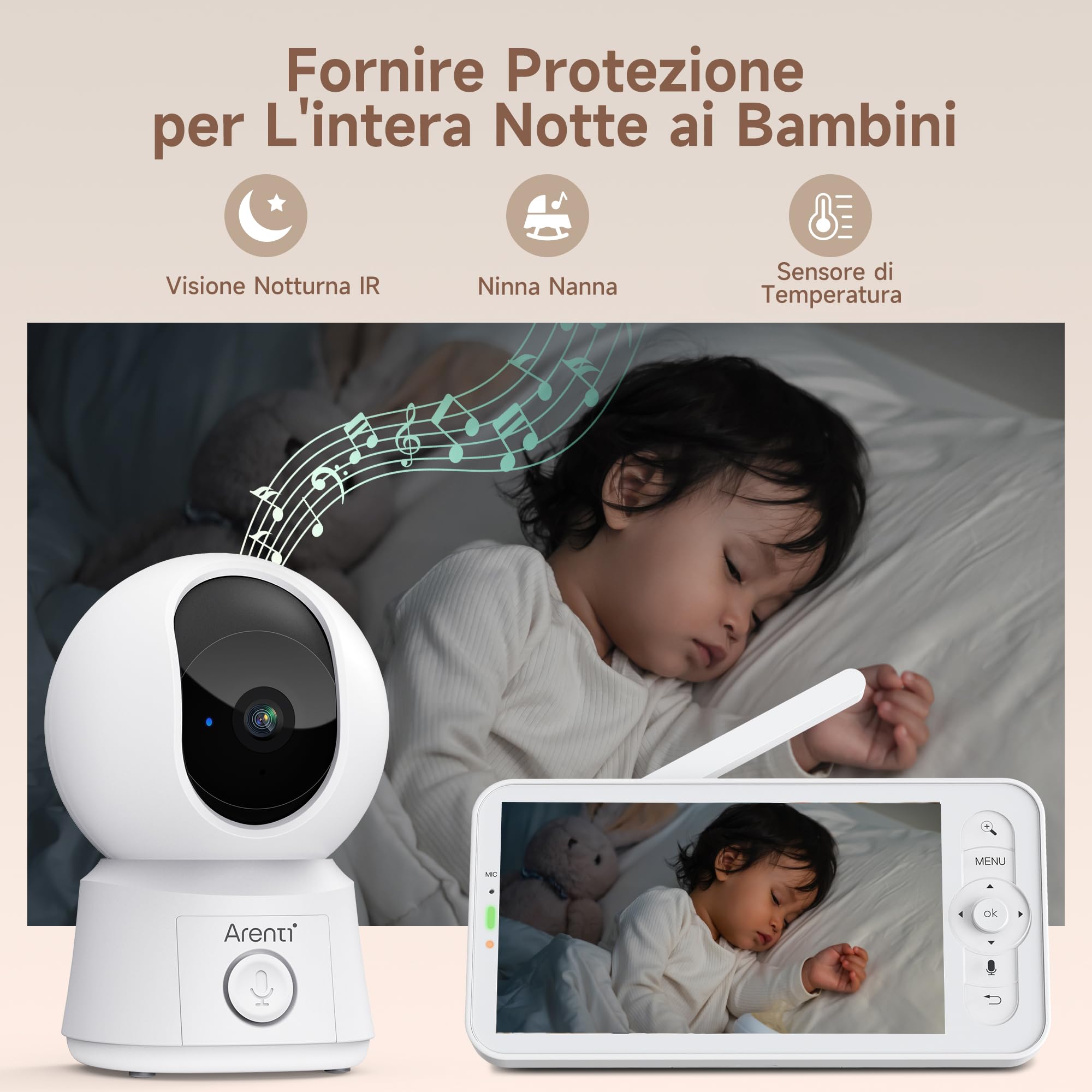 ARENTI Monitor Neonato con Videocamera Wifi 5" 360° PTZ 3350mAh Visione Notturna VOX Rilevamento Temperatura