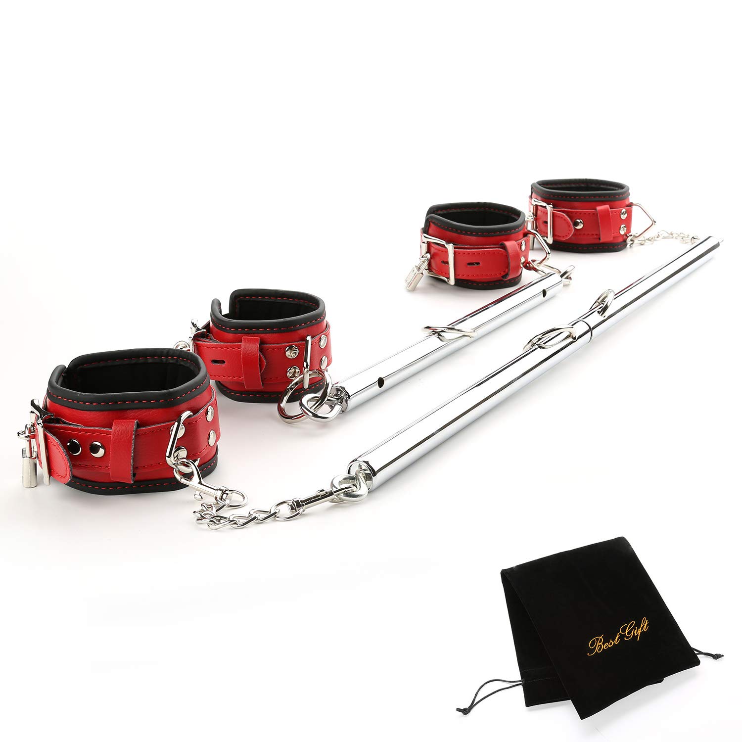 EXREIZST Expandable 2 Spreader Bar Set with Bag and 4 Premium Soft Pad Leather Straps with 2 Chains Adjustable Home Yoga Bar Kit, Silver and Red