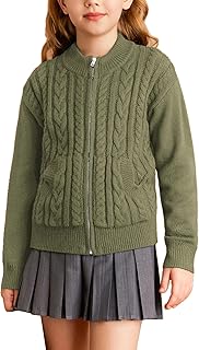 Girls Knit Cardigan Sweater Zip Long Sleeve Kids School Uniform Fall Jacket Size 6-14