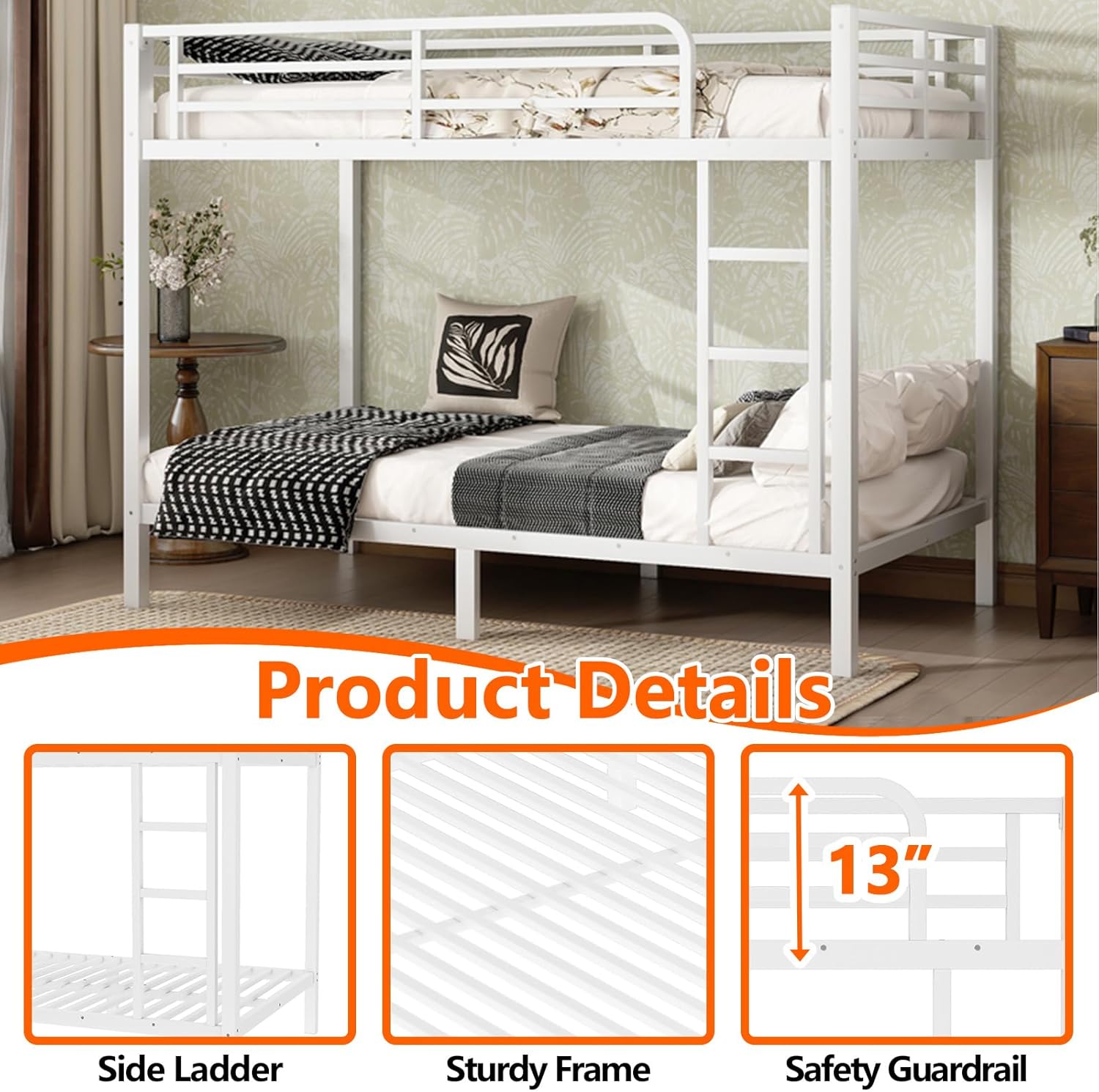 Twin XL Over Twin XL Bunk Bed,Heavy Duty Metal Bunk Bed Frame for Adults,2 Side Ladder,Guardrail,Space-Saving,Noise Reduced,No Box Spring Needed,Black (White, Twin XL Over Twin XL)