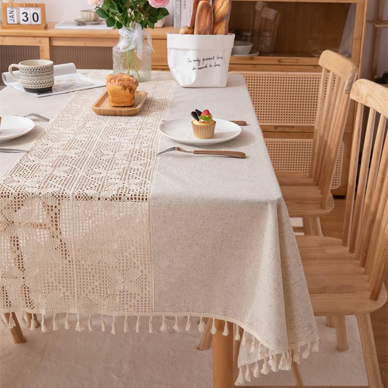 Tovaglia Elegante e raffinata tovaglia Rettangolare all'Uncinetto 120x56 Pollici per Sala da Pranzo in Poliestere per 8-10 Persone con Motivo a Farfalla e Frange 140x300 cm (Larghezza x Lunghezza)