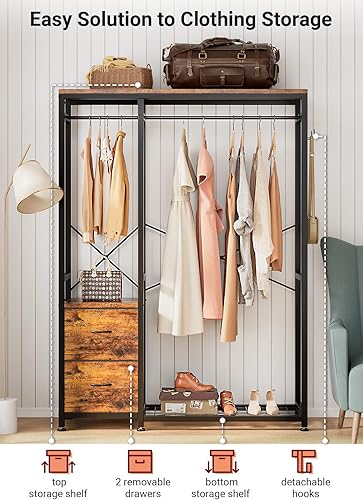 Miniatura 6 de Lulive Perchero de ropa resistente para colgar ropa, estantes de ropa industrial con estantes, 2 cajones de tela, 4 ganchos, 2 varillas para colgar,