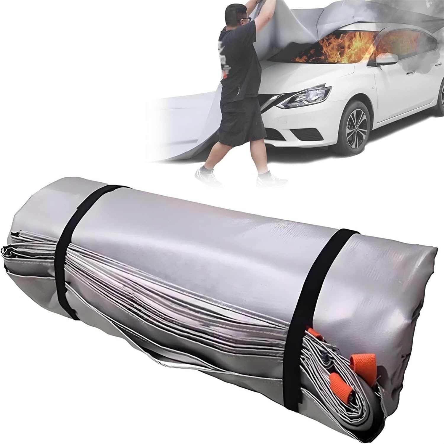 LQQYJSM Emergency Fire Blanket, Double-Sided Silicone Fiberglass Fire Suppression Blankets,Heat Resistant Fire Suppression Blankets, for Parking Lot/Charging Station 1100°C Reusable 6x8m/19.7x26.2ft